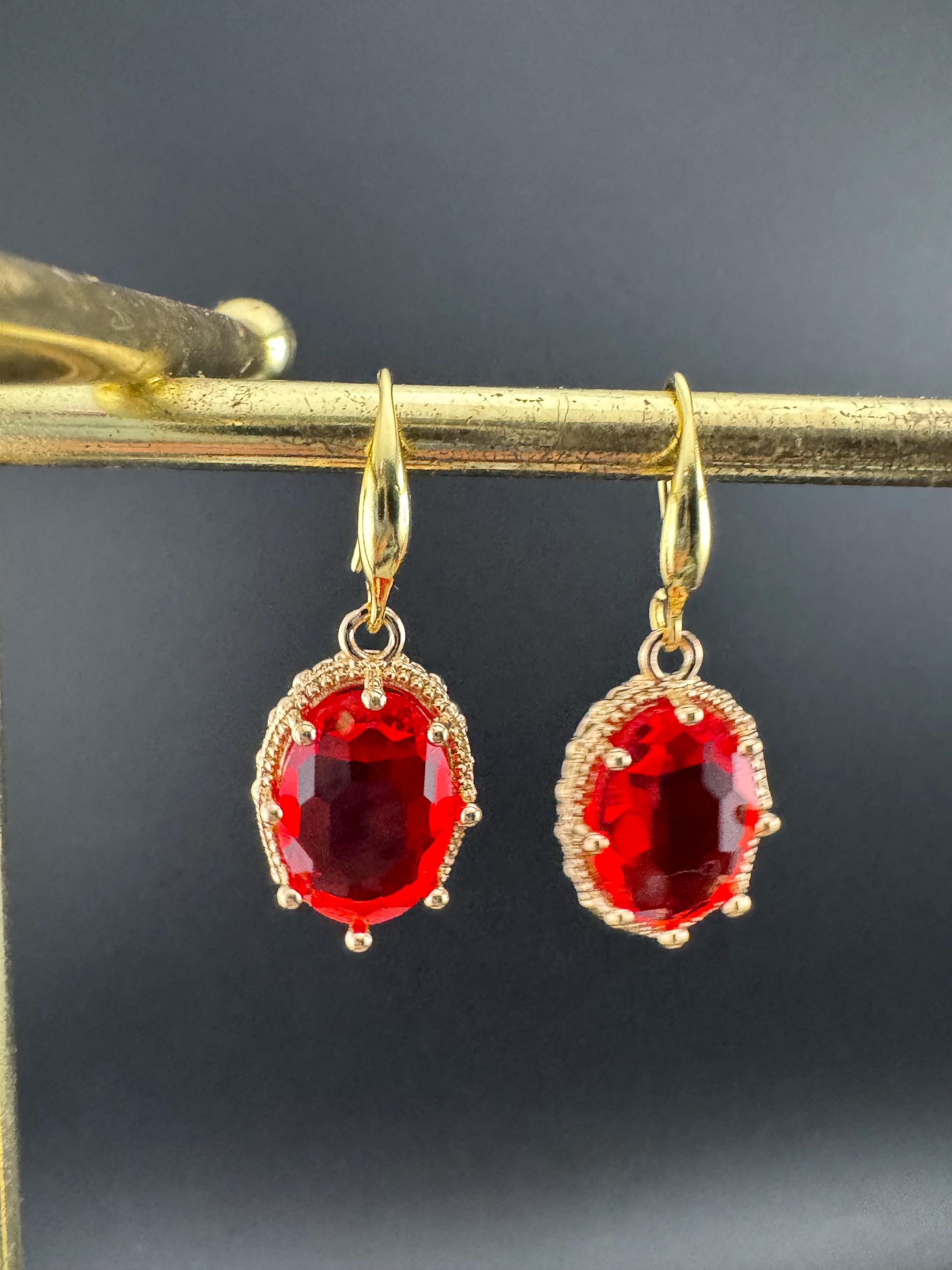 18k GP Ruby red crystal diamanté drop earrings