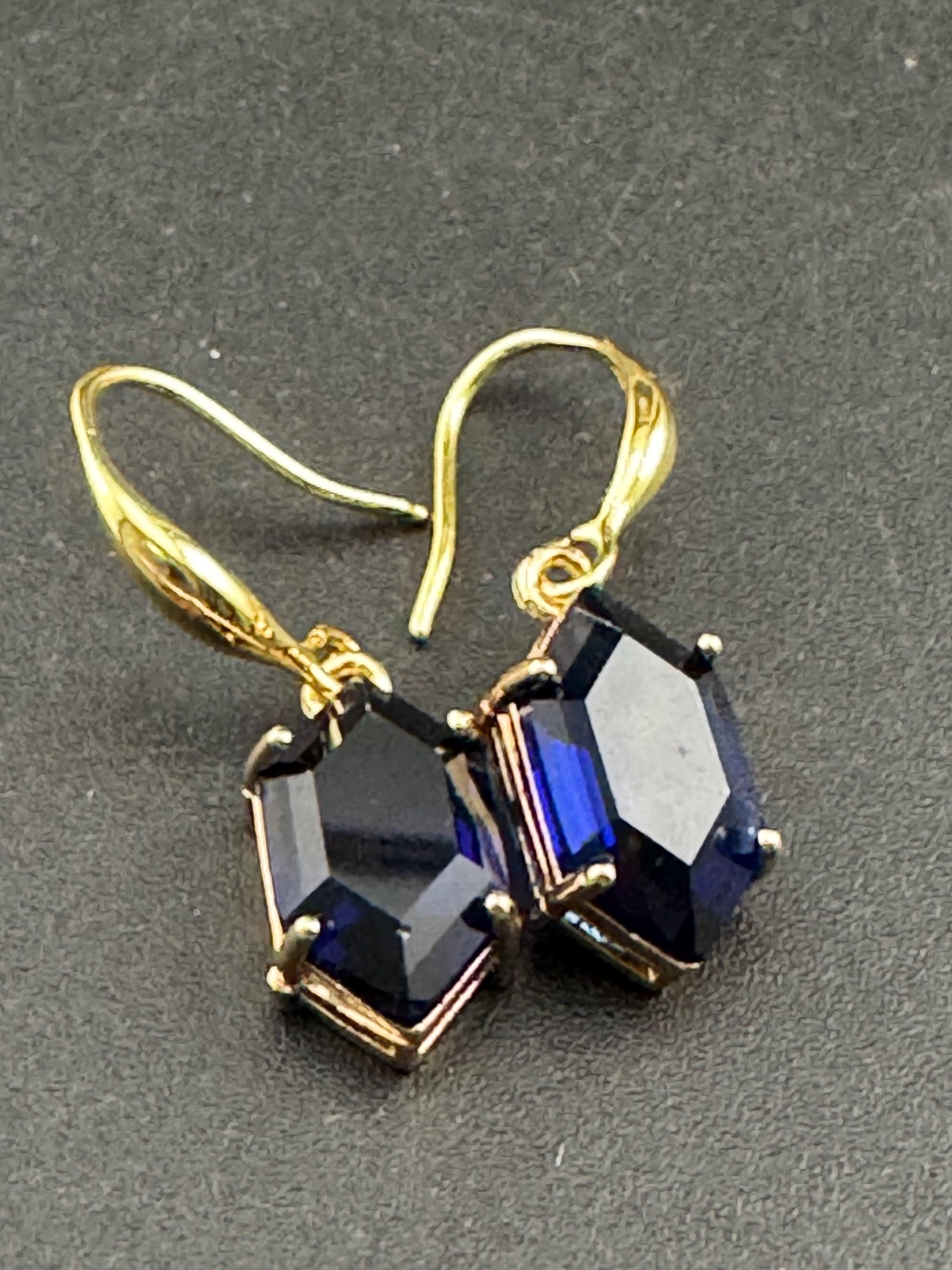 18k GP sapphire blue crystal diamanté drop earrings, hexagon