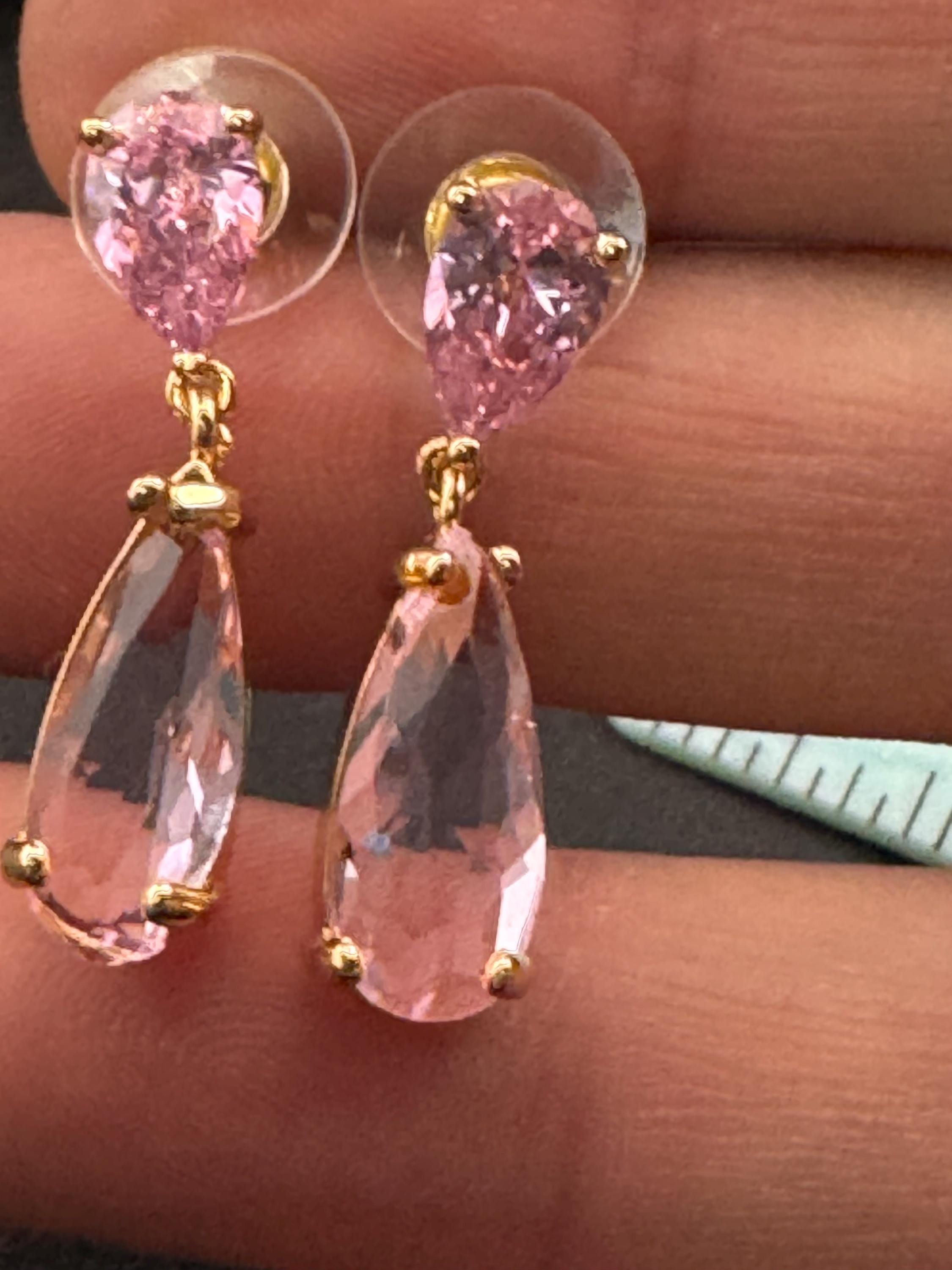 pink crystal teardrop long drop earrings, 18k plated earwires