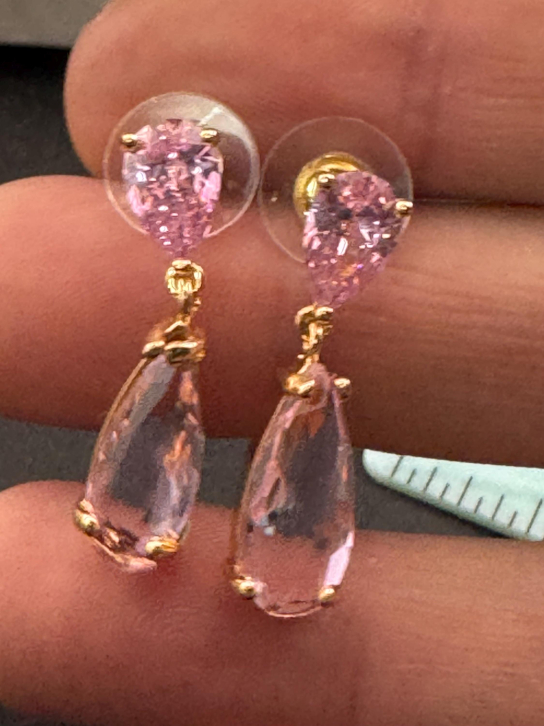 pink crystal teardrop long drop earrings, 18k plated earwires