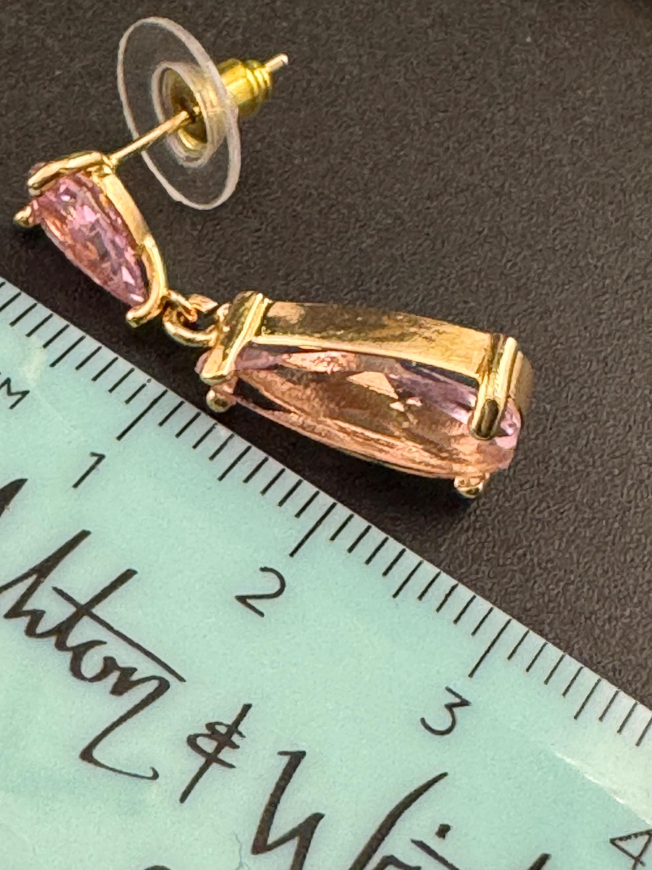pink crystal teardrop long drop earrings, 18k plated earwires