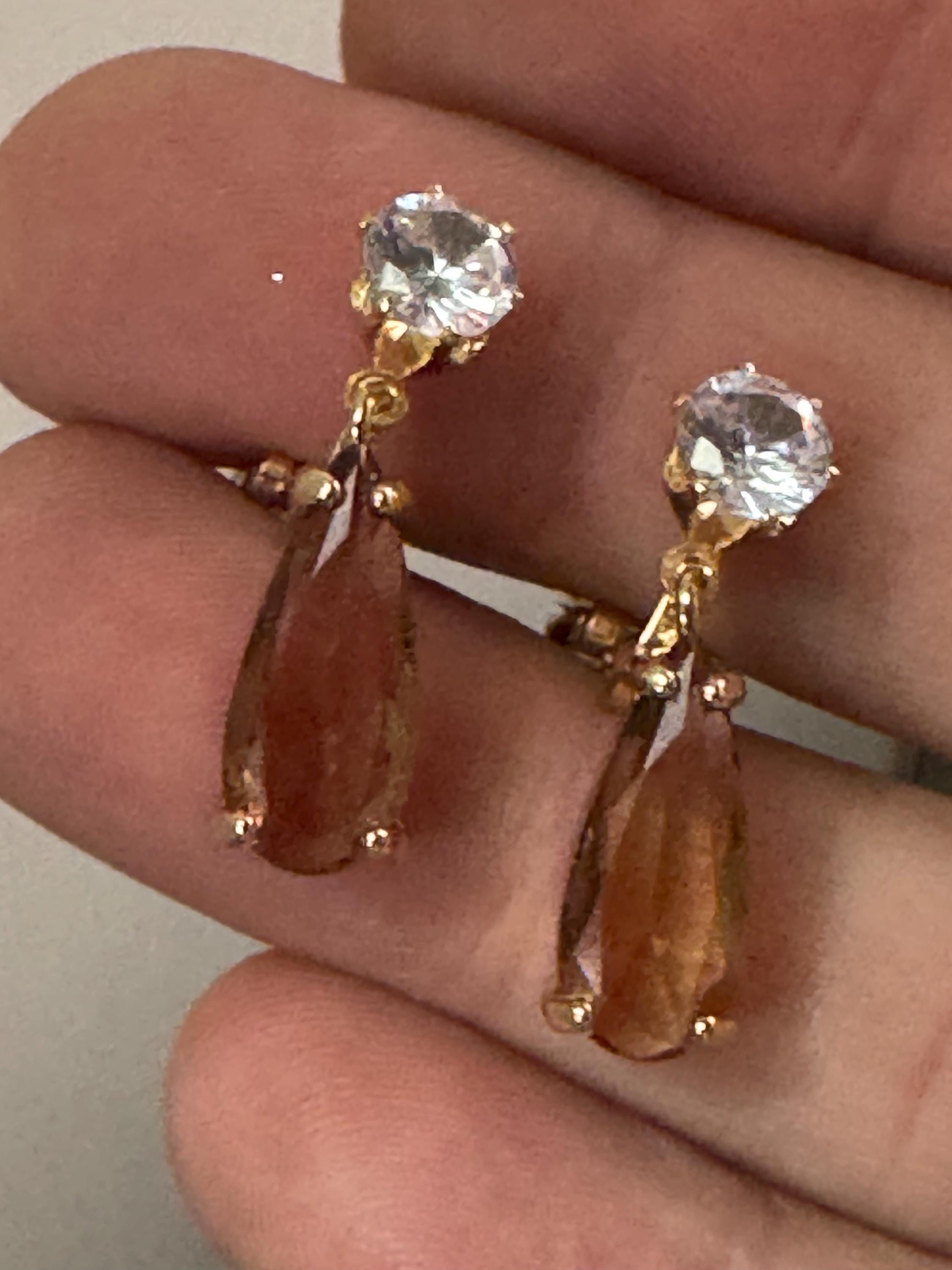 brown crystal teardrop clip on earrings, gold plated cognac glass