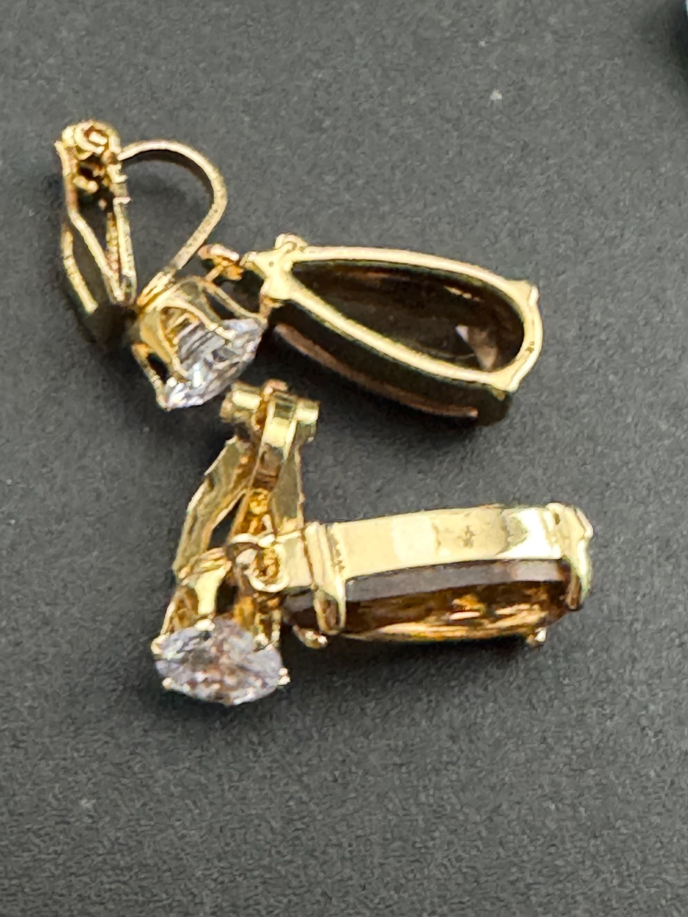 brown crystal teardrop clip on earrings, gold plated cognac glass