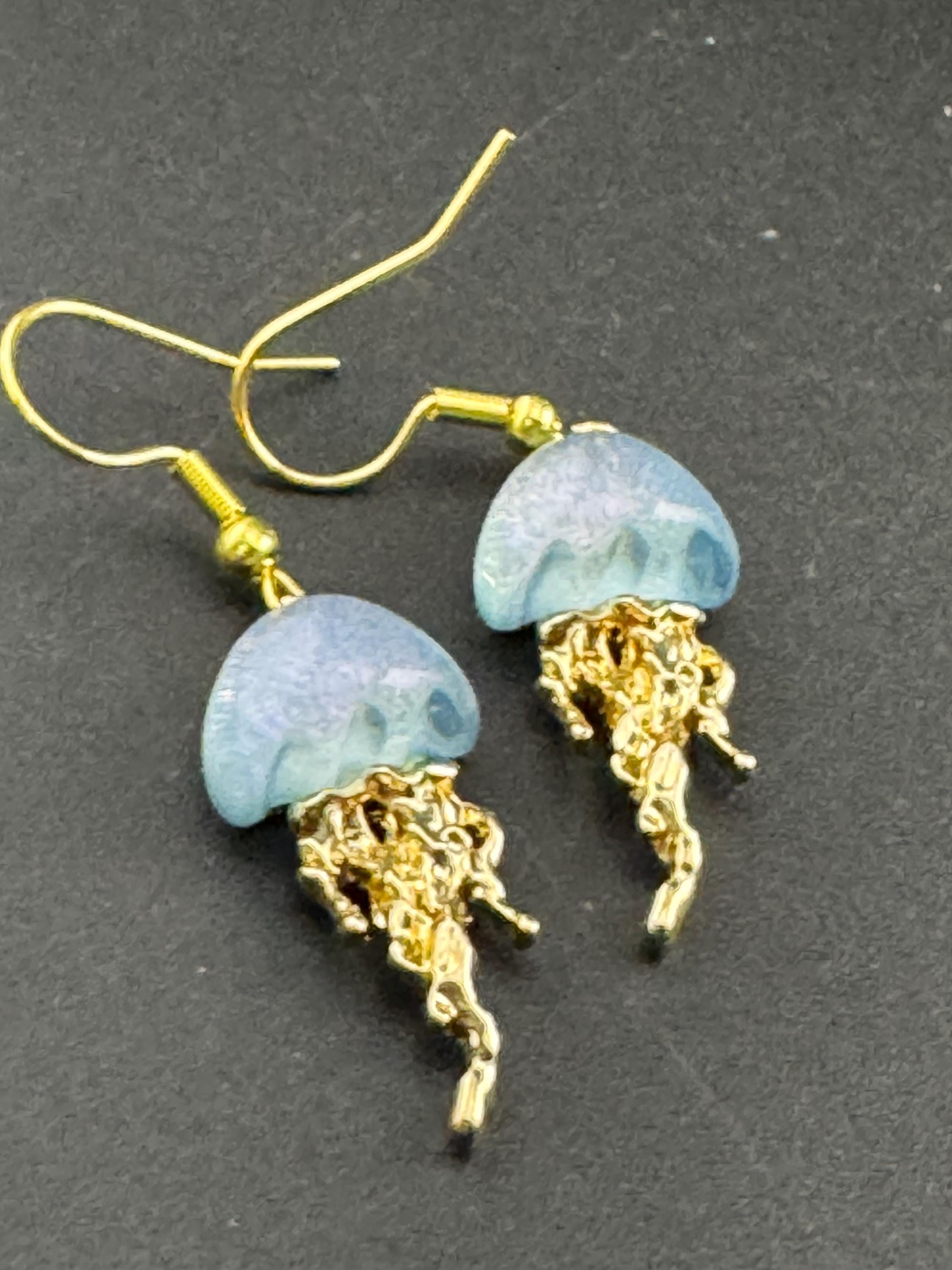 Nautical jellyfish dangly earrings, marine gold tone drops