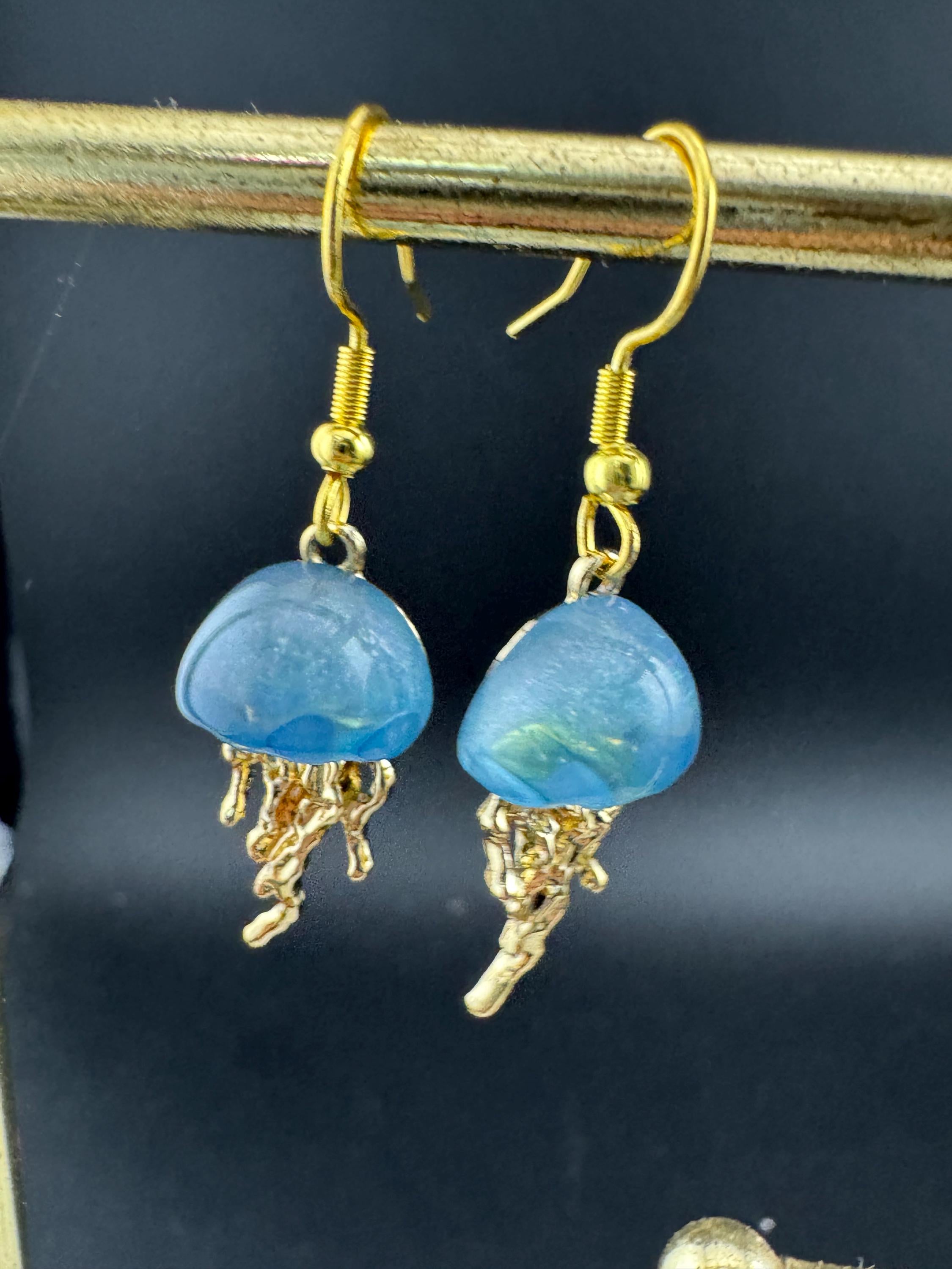 Nautical jellyfish dangly earrings, marine gold tone drops