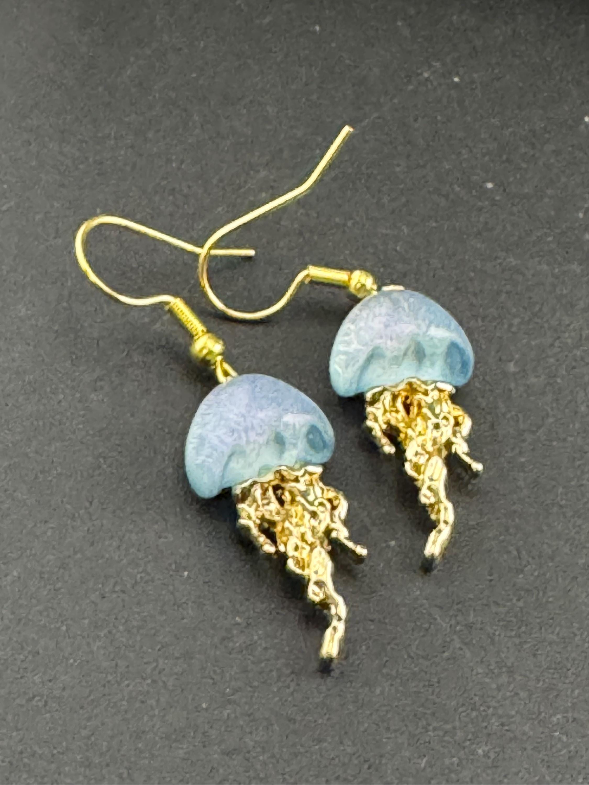 Nautical jellyfish dangly earrings, marine gold tone drops