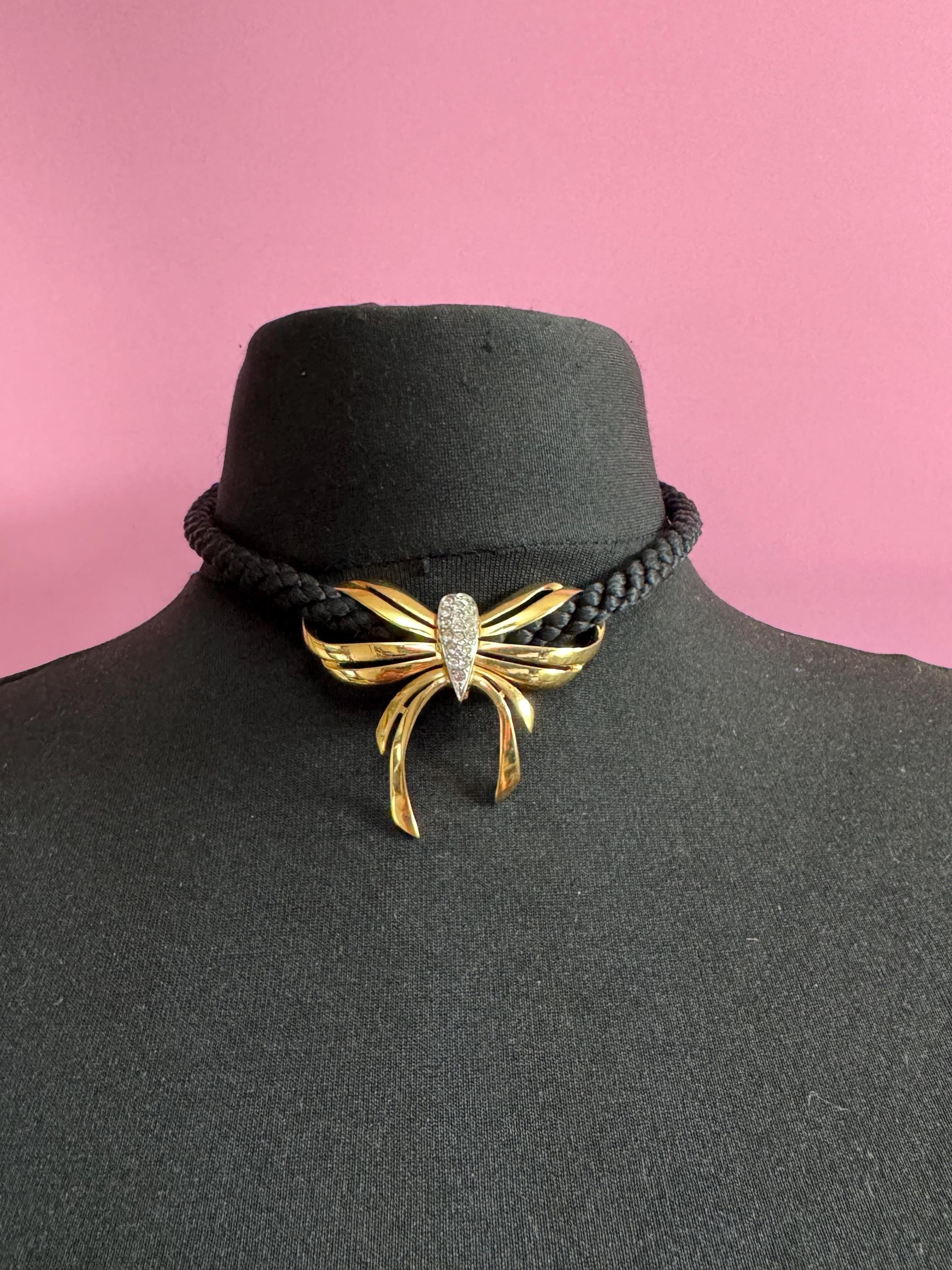 Signed BG black rope diamanté Choker necklace, magnetic clasp  gold tone by Bergdorf Goodman