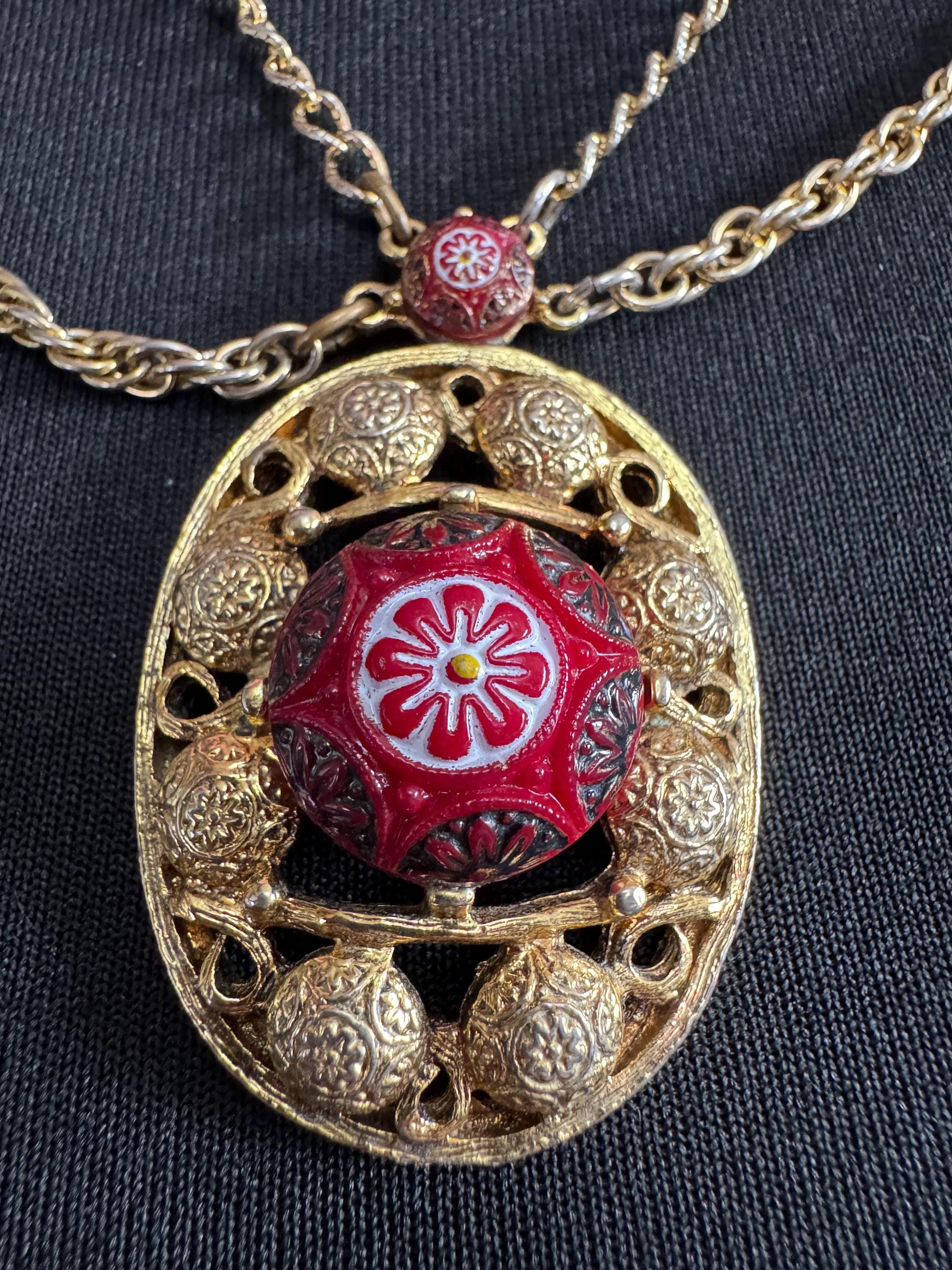 Signed CELEBRITY long gold rope chain red Etruscan pendant necklace