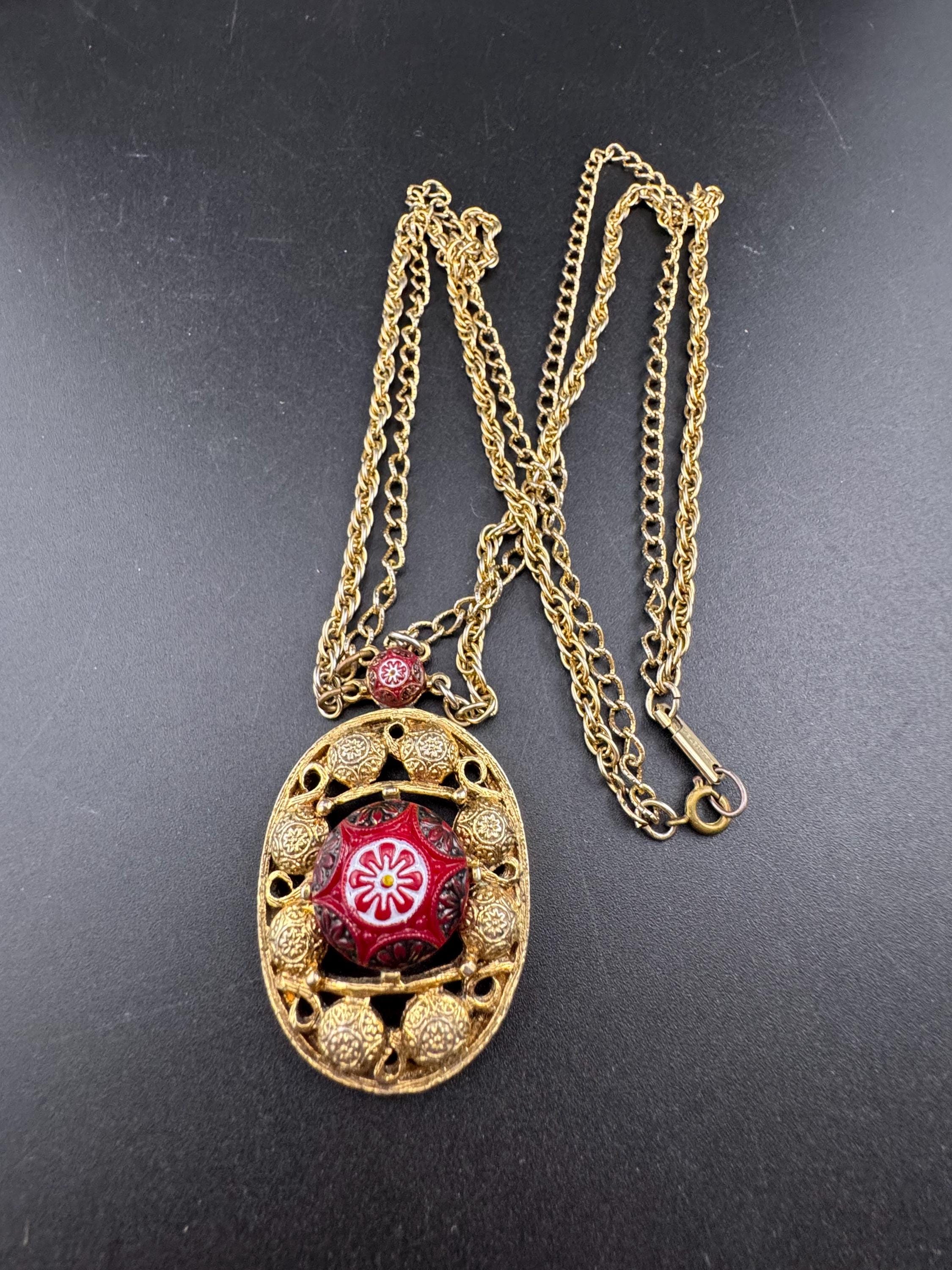 Signed CELEBRITY long gold rope chain red Etruscan pendant necklace