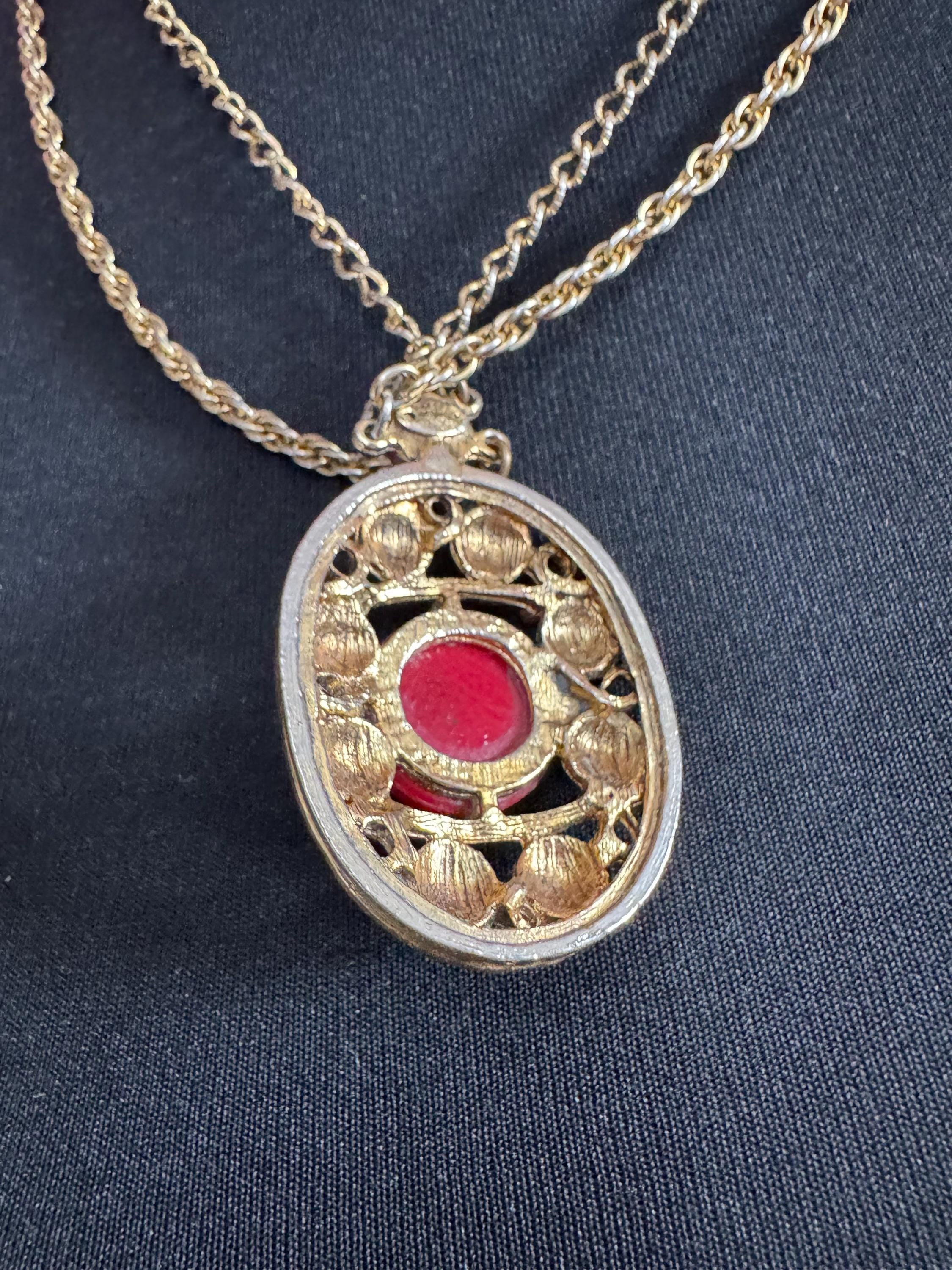 Signed CELEBRITY long gold rope chain red Etruscan pendant necklace