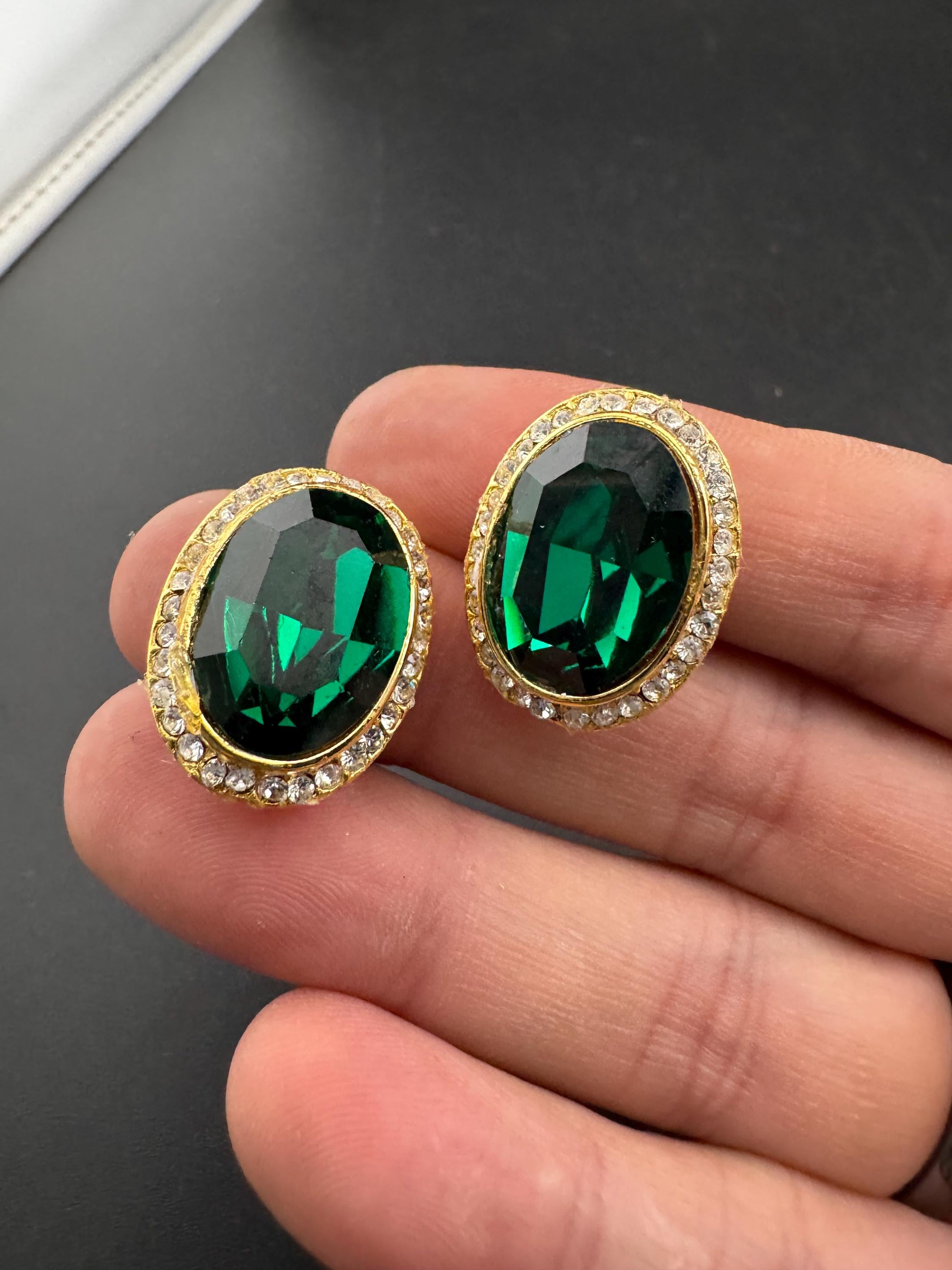 Emerald Green oval Crystal Earrings: Swarovski, Gold Tone, 1980s Stock