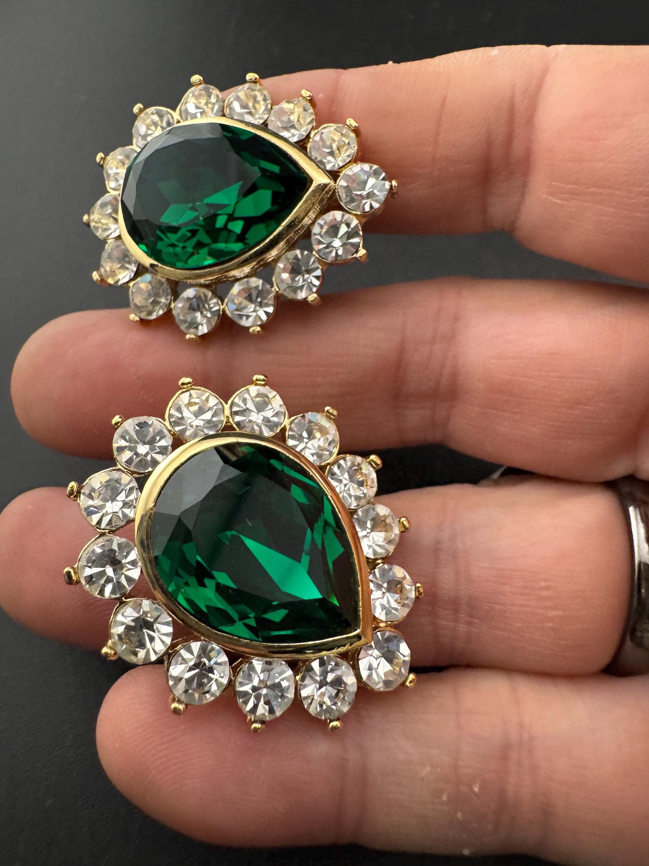 Emerald Green teardrop Crystal Earrings: Swarovski, Gold Tone, 1980s Stock