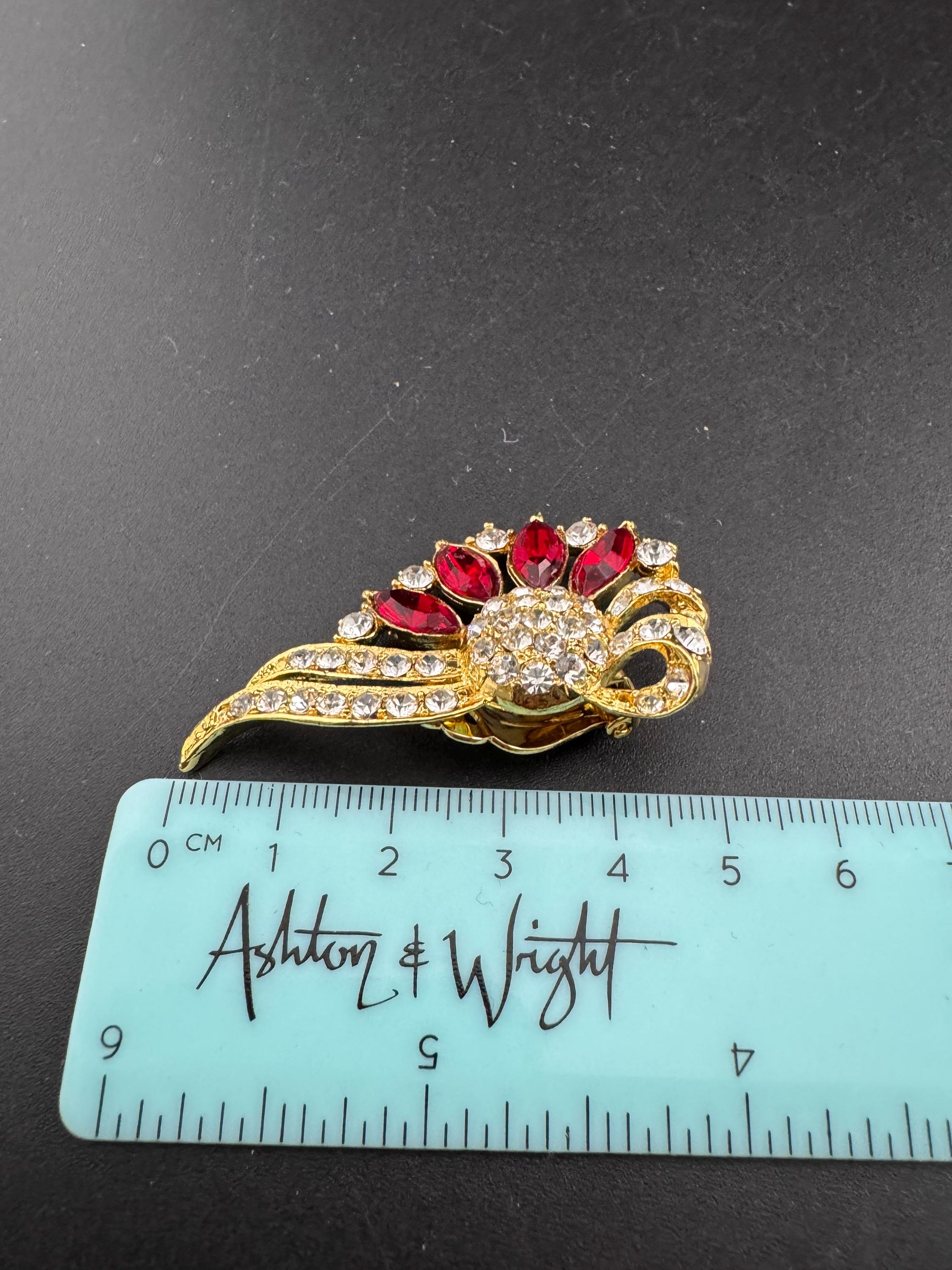 Vintage Swarovski Crystal Ruby Fan Earrings: Oversized Gold Tone Red Studs, 1980s
