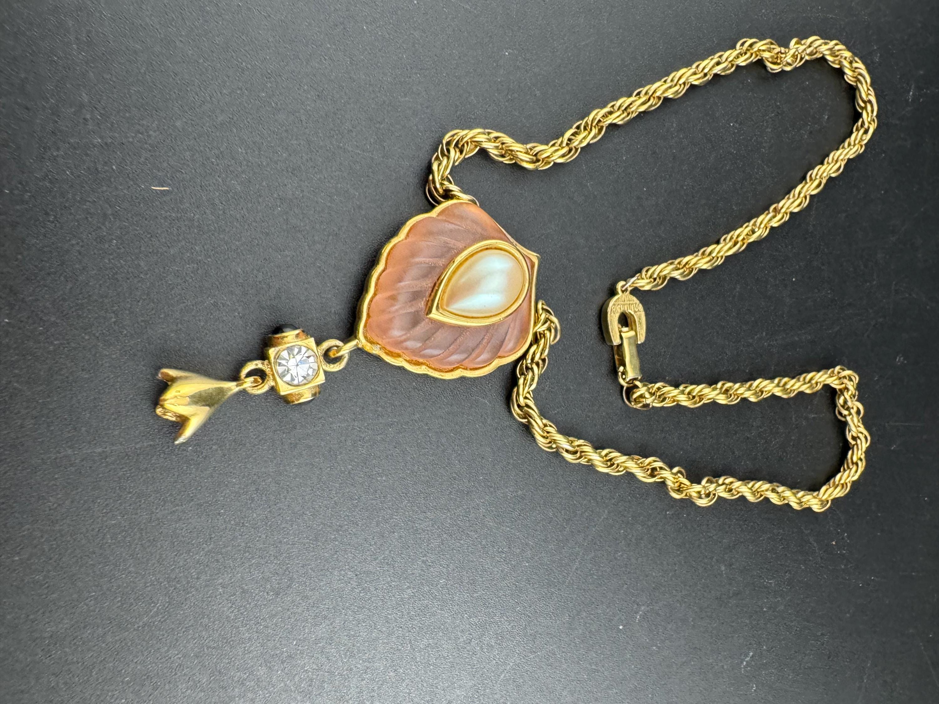 Signed RICHELIEU frosted pink and pearl teardrop necklace , designer gold tone