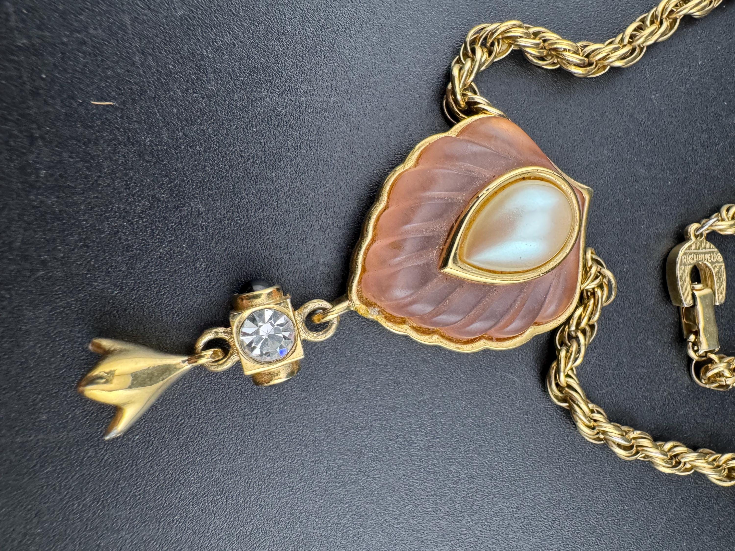 Signed RICHELIEU frosted pink and pearl teardrop necklace , designer gold tone