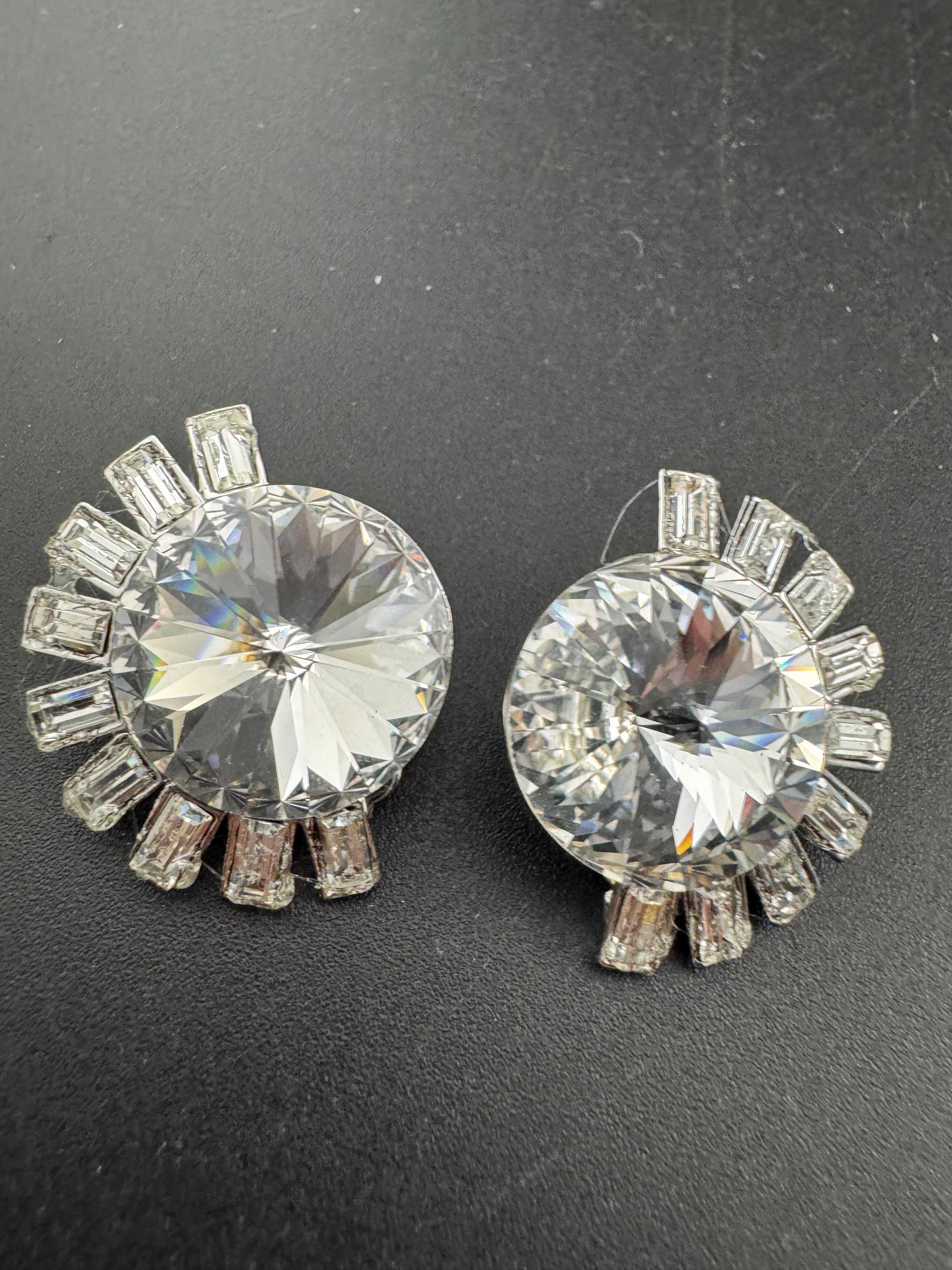 Swarovski Crystal clip on Earrings: Oversized Silver Tone Rivoli Baguette