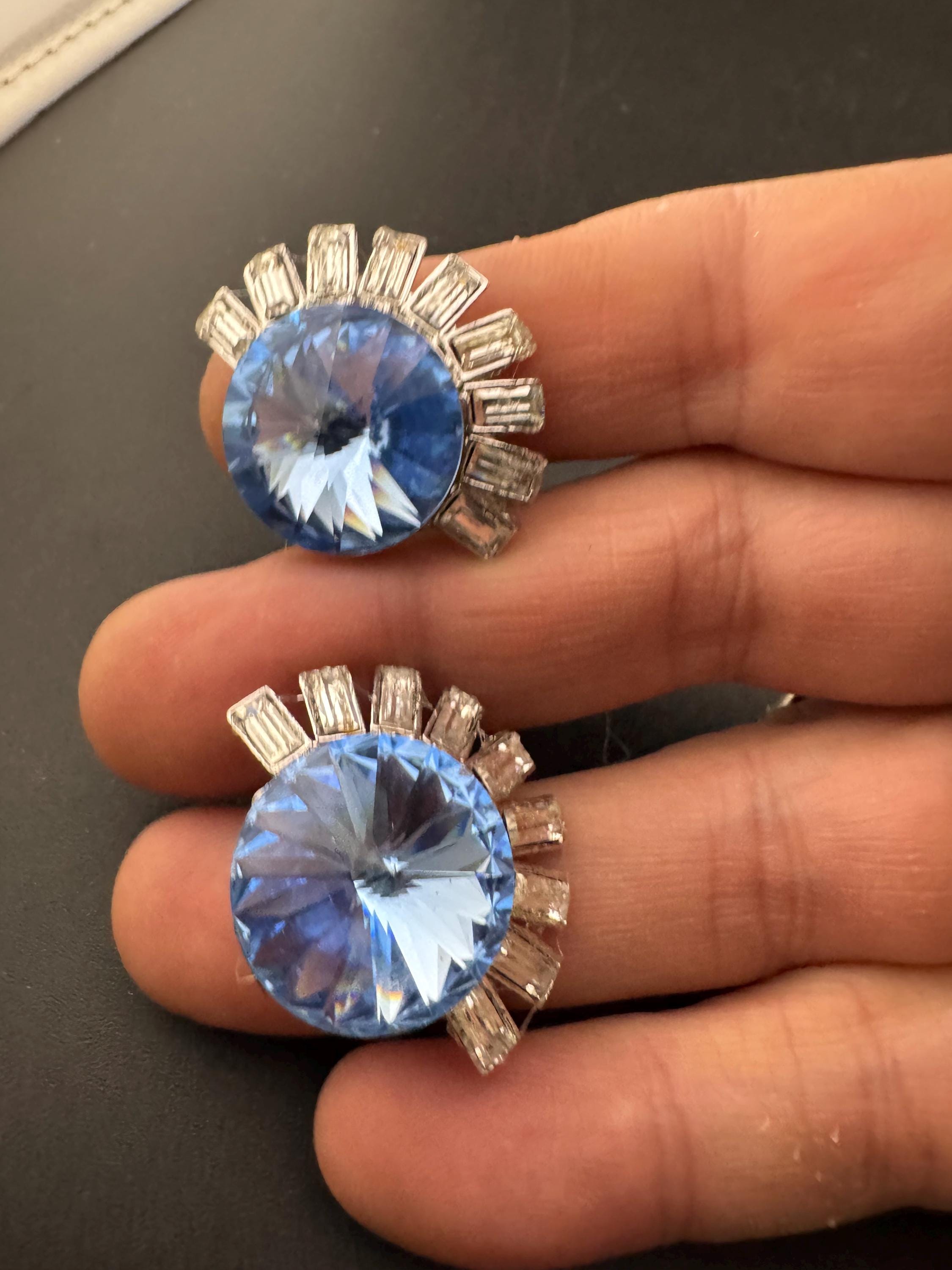sapphire blue and clear Swarovski rivoli crystal clip on earrings, silver tone
