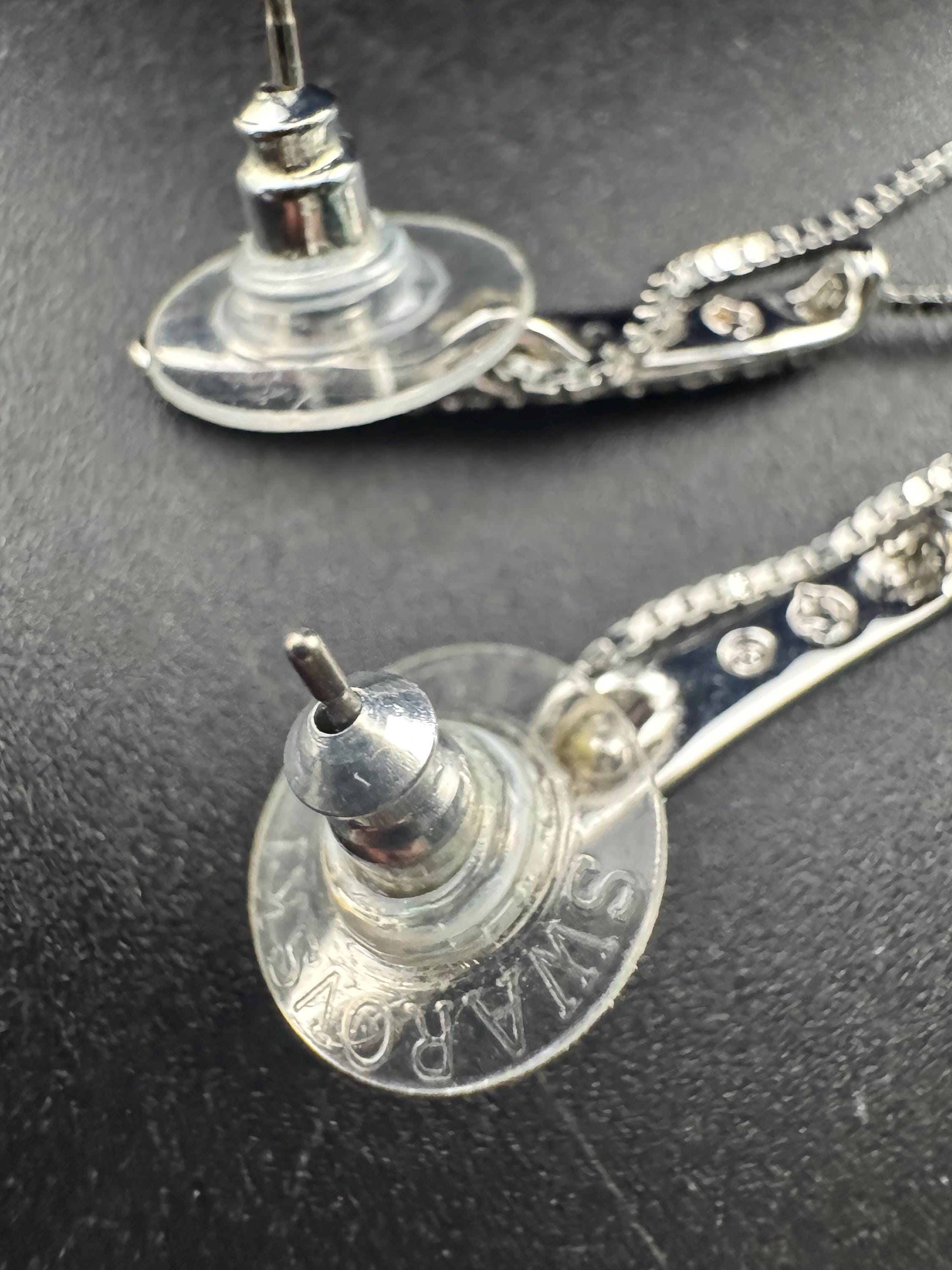 Signed swan Swarovski crystal silver chain link dangly drop earrings