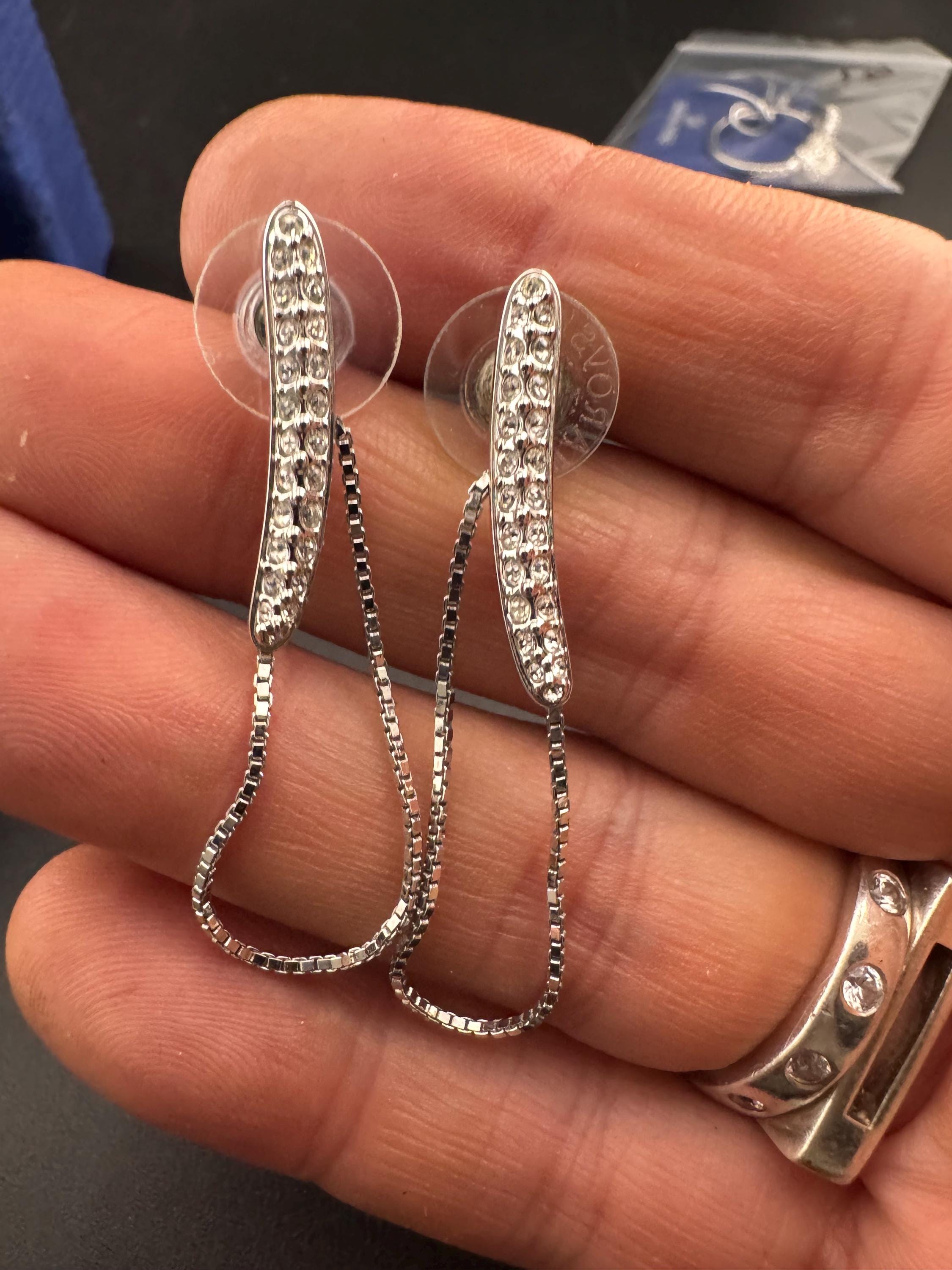 Signed swan Swarovski crystal silver chain link dangly drop earrings