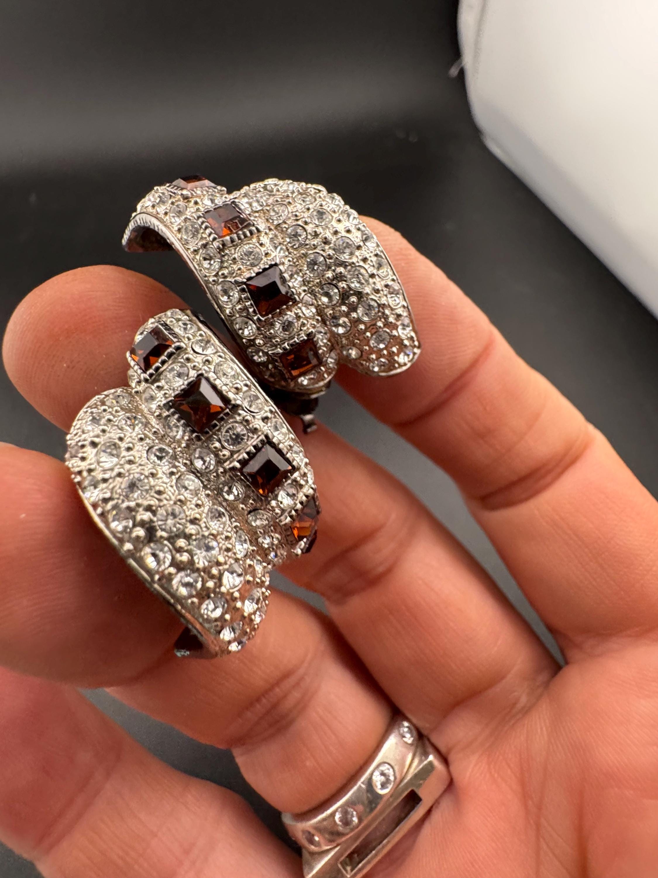 Signed FAC rhinestone half hoop earrings, fifth avenue collection