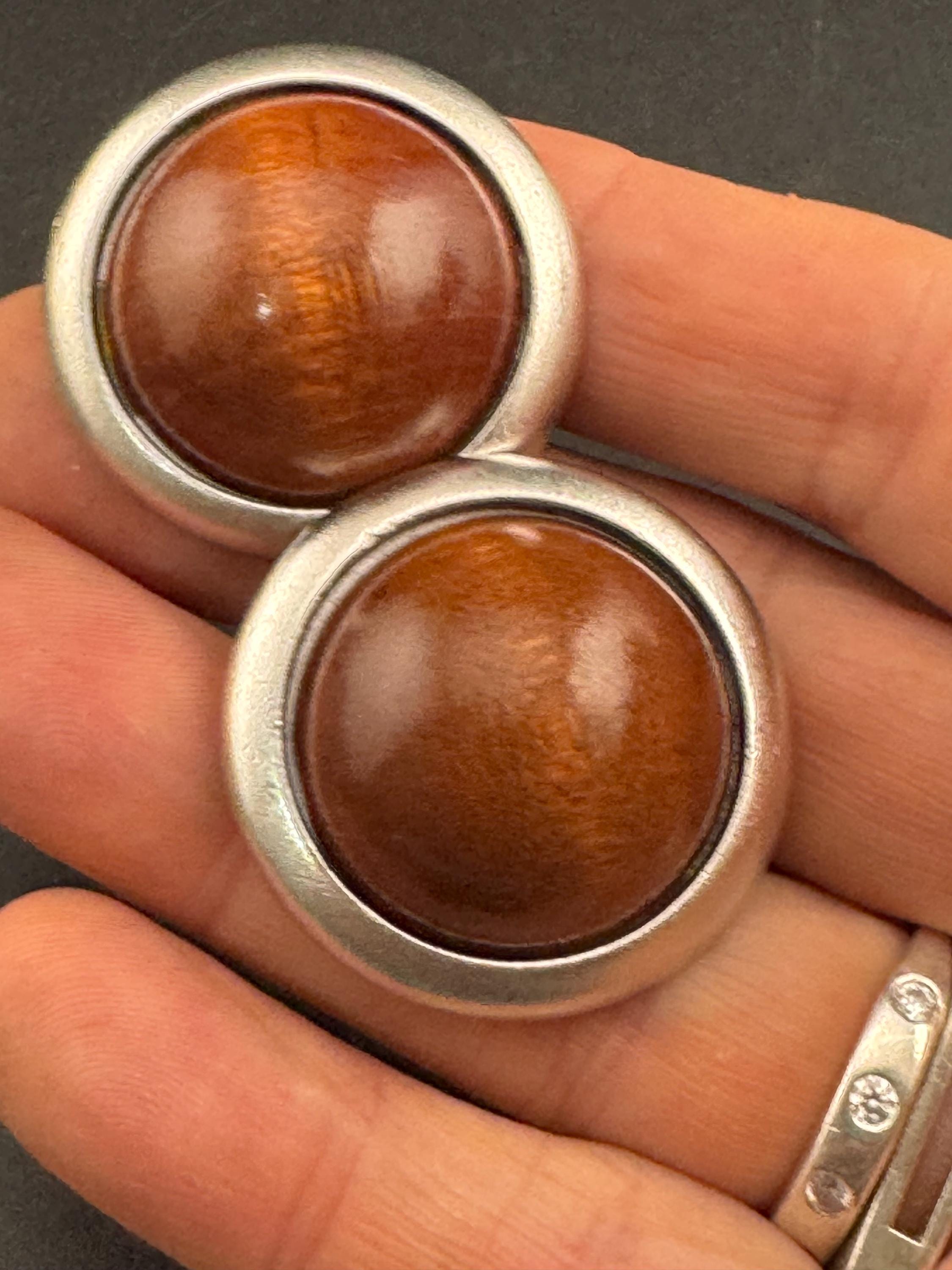 Signed YSL brown wood domed Clip On Earrings: 4cm silver by yves Saint Laurent