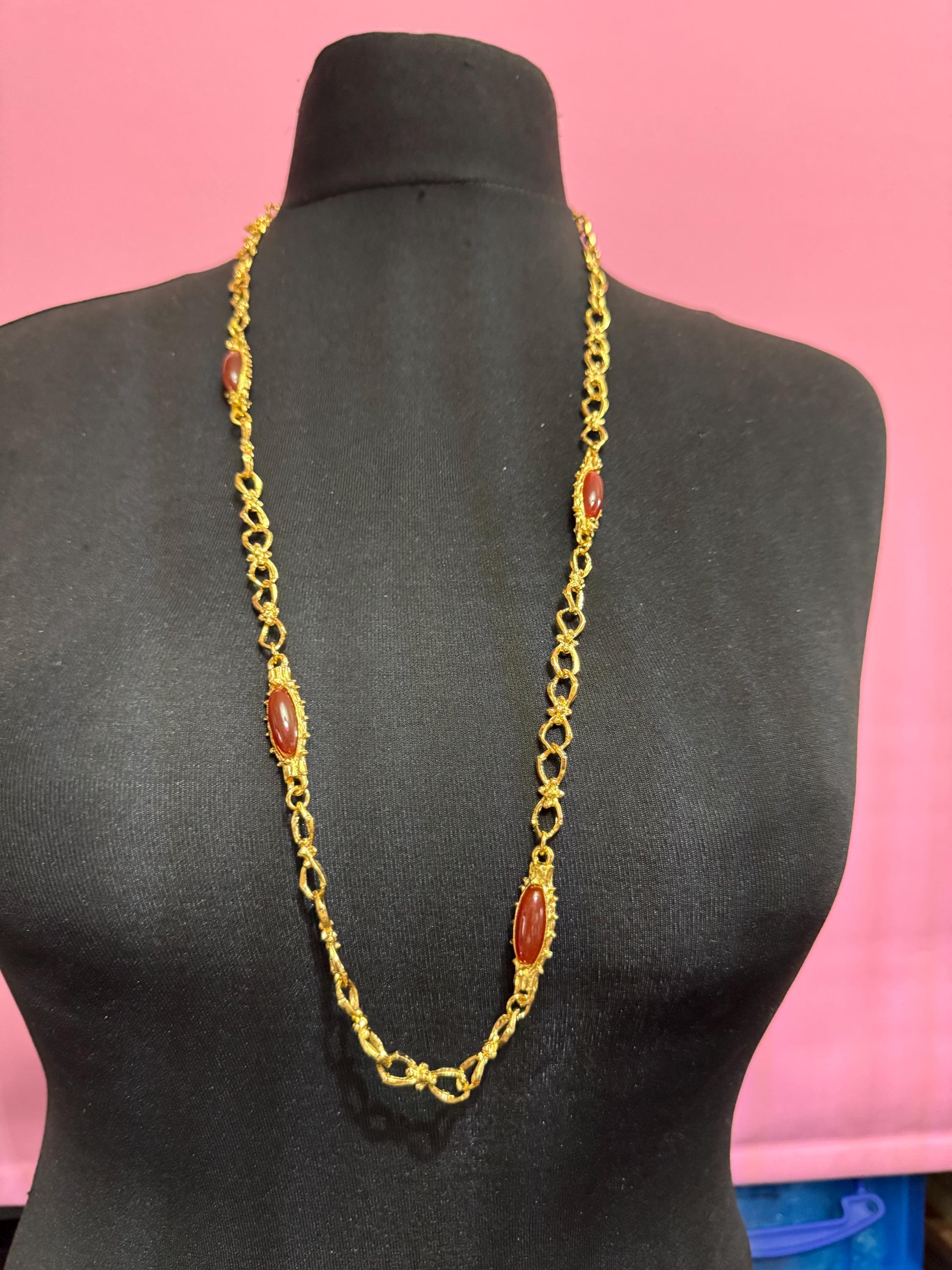 Signed David Grau glass carnelian station chain necklace, gold plated