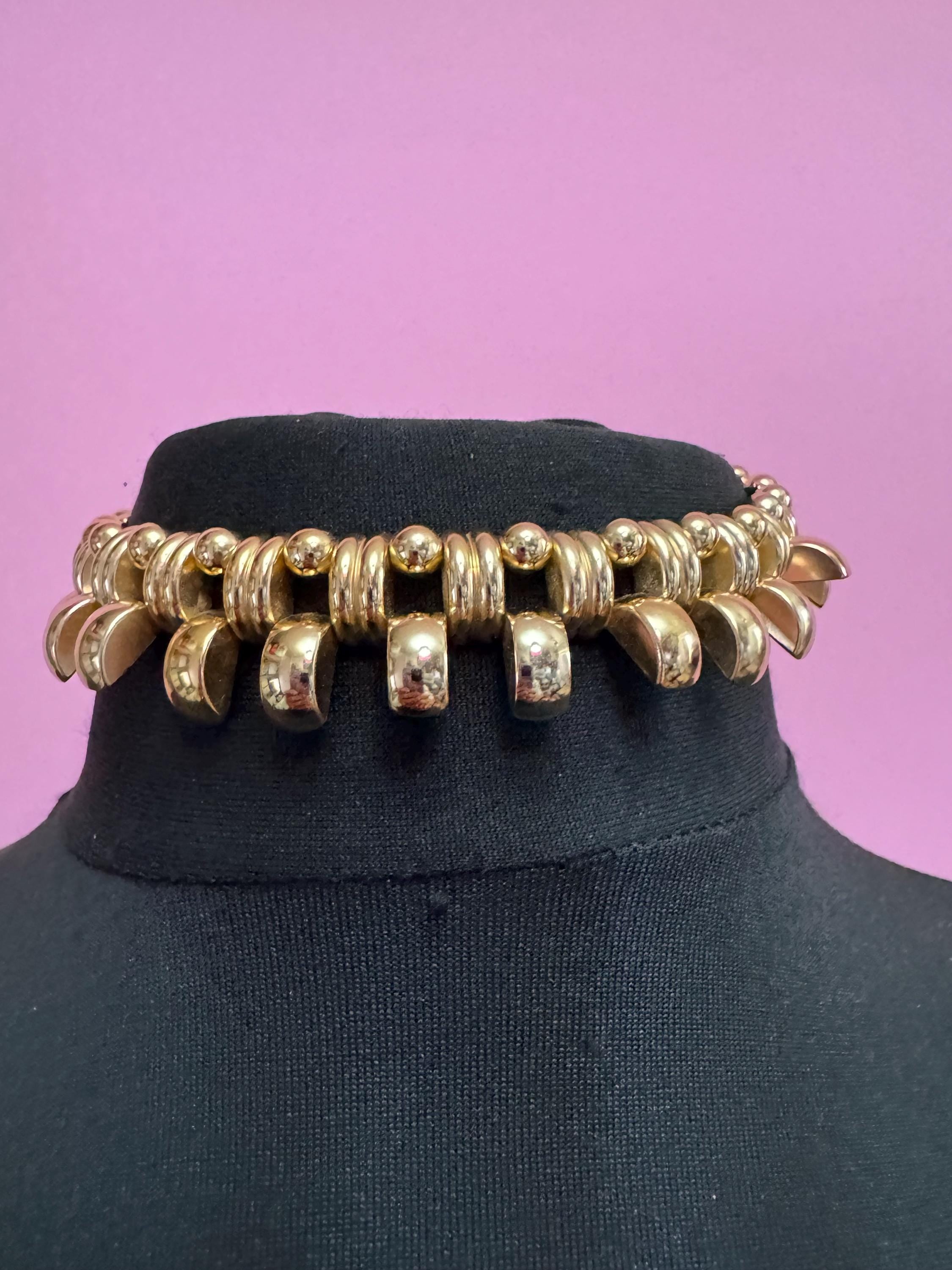 Vintage de Farre warm gold tone collar necklace, Art Deco machine age style