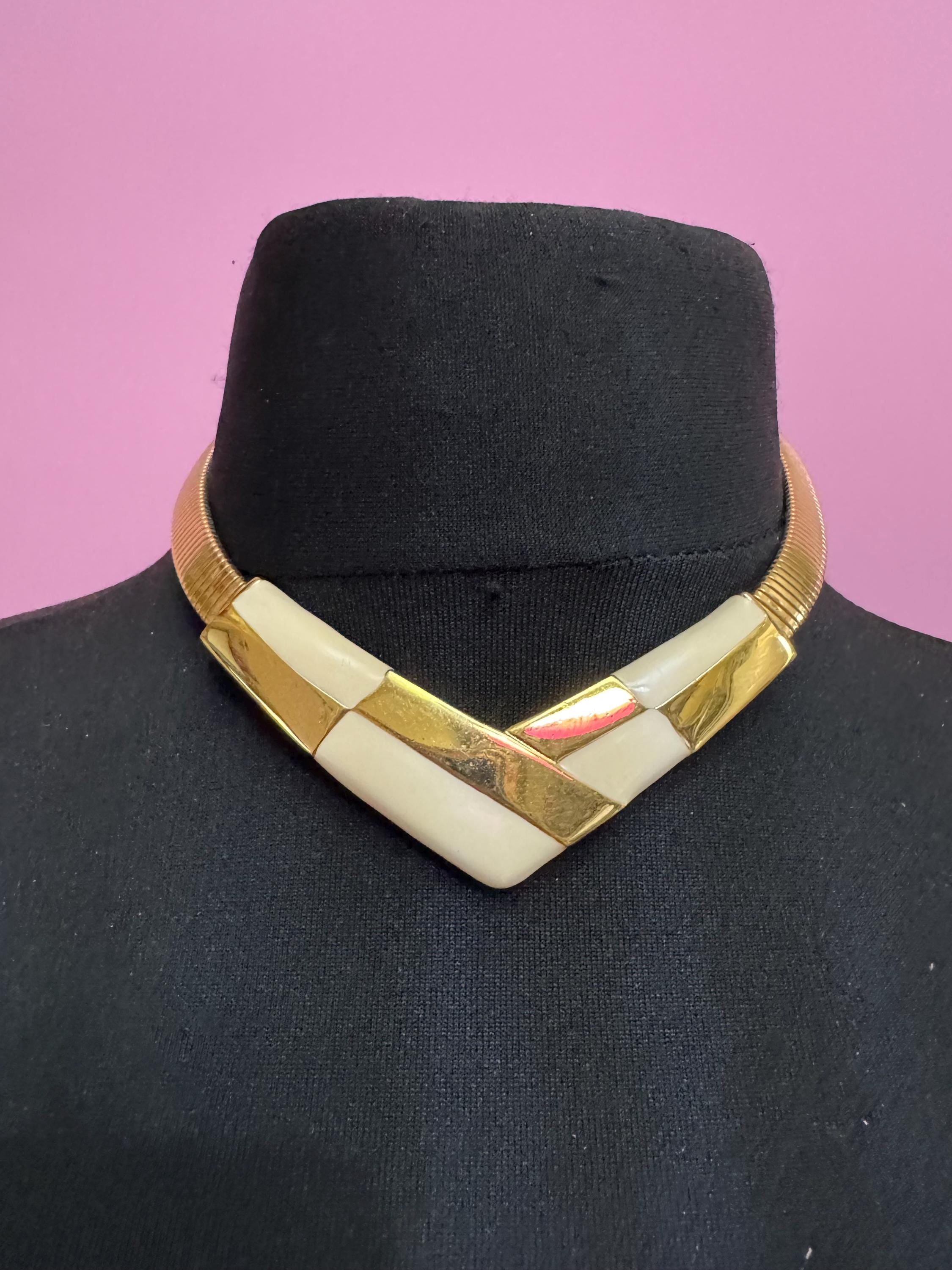 Signed NAPIER cream Enamel Choker: Vintage Gold Tone omega necklace