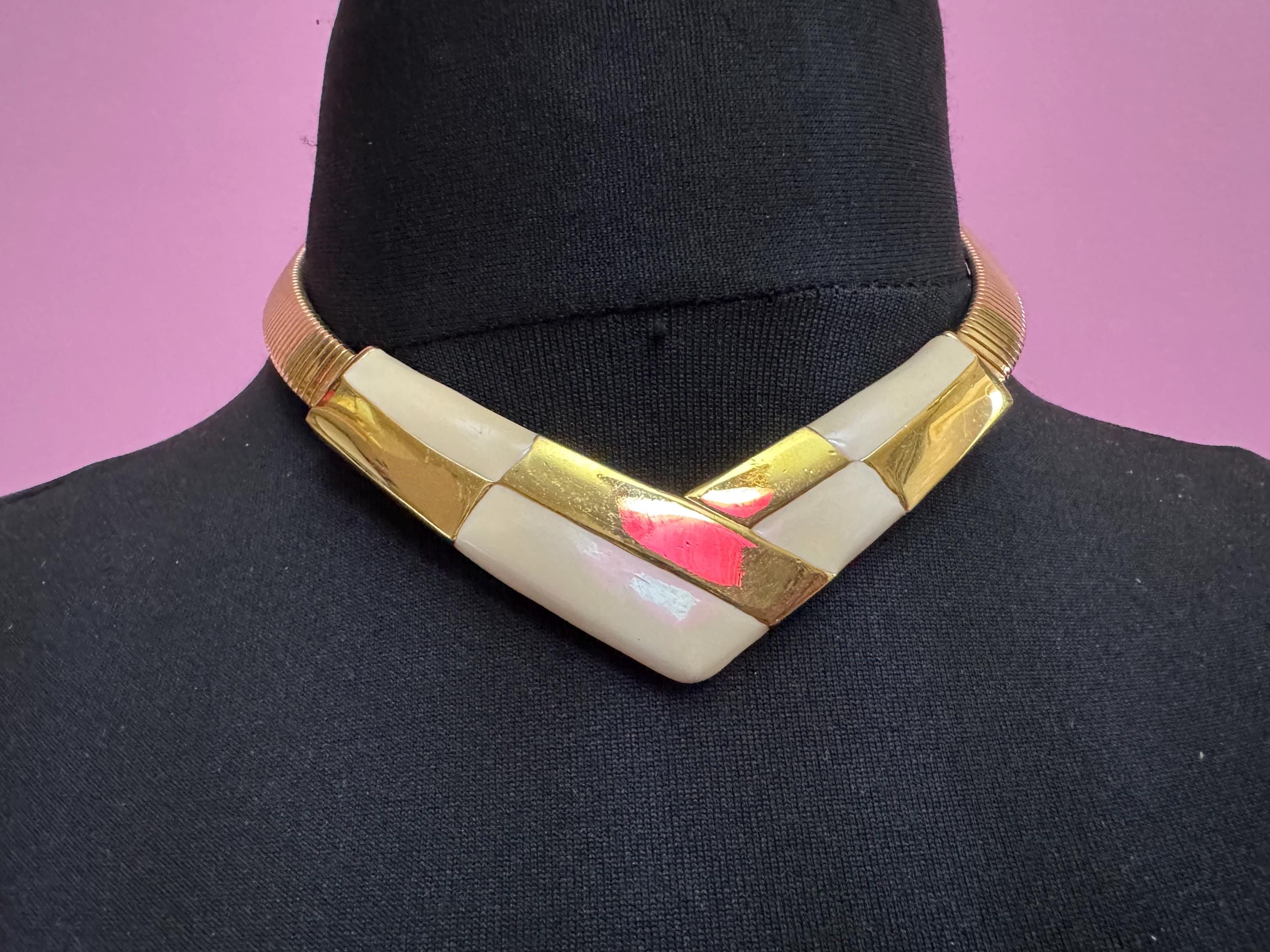 Signed NAPIER cream Enamel Choker: Vintage Gold Tone omega necklace