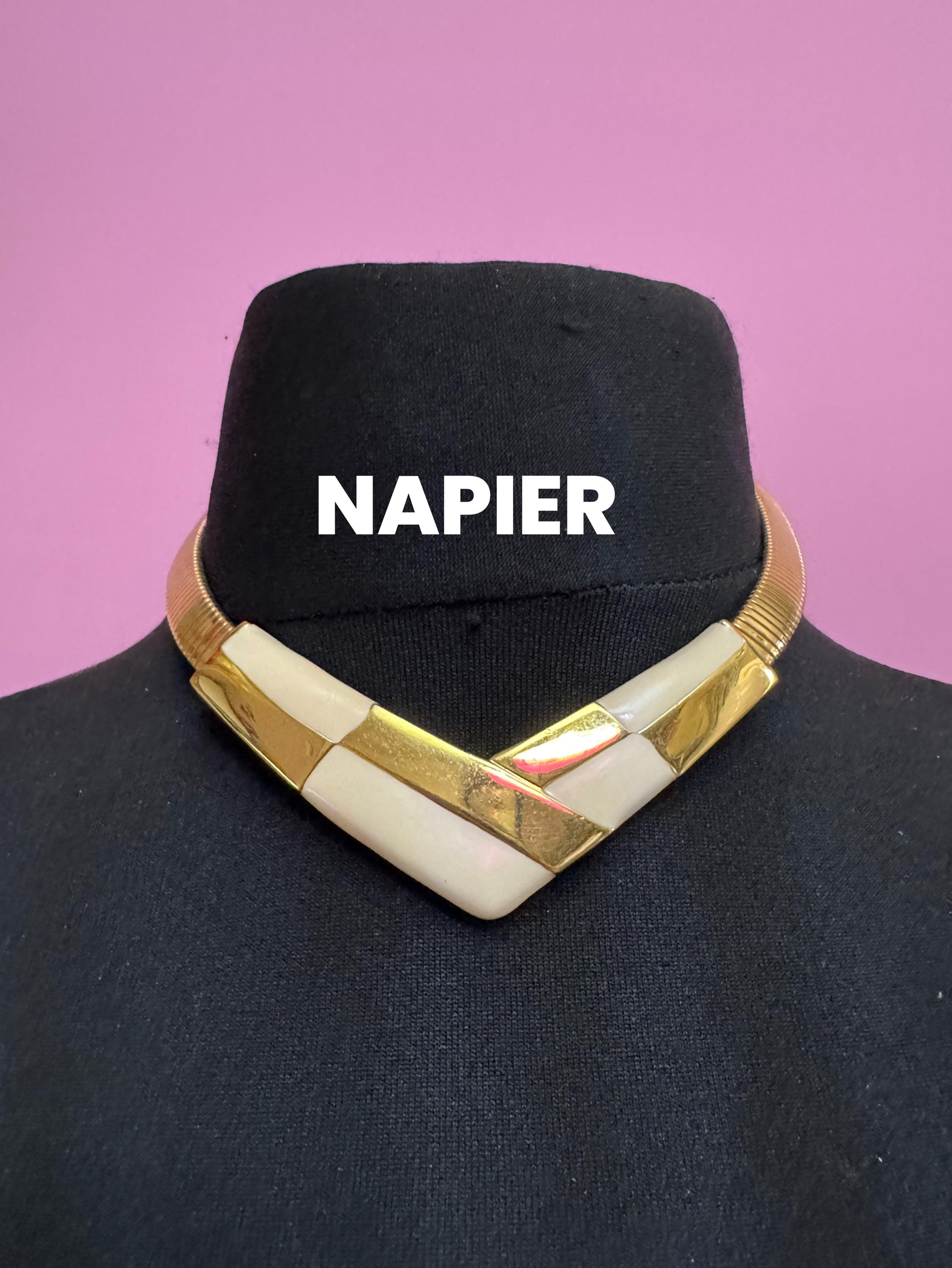 Signed NAPIER cream Enamel Choker: Vintage Gold Tone omega necklace