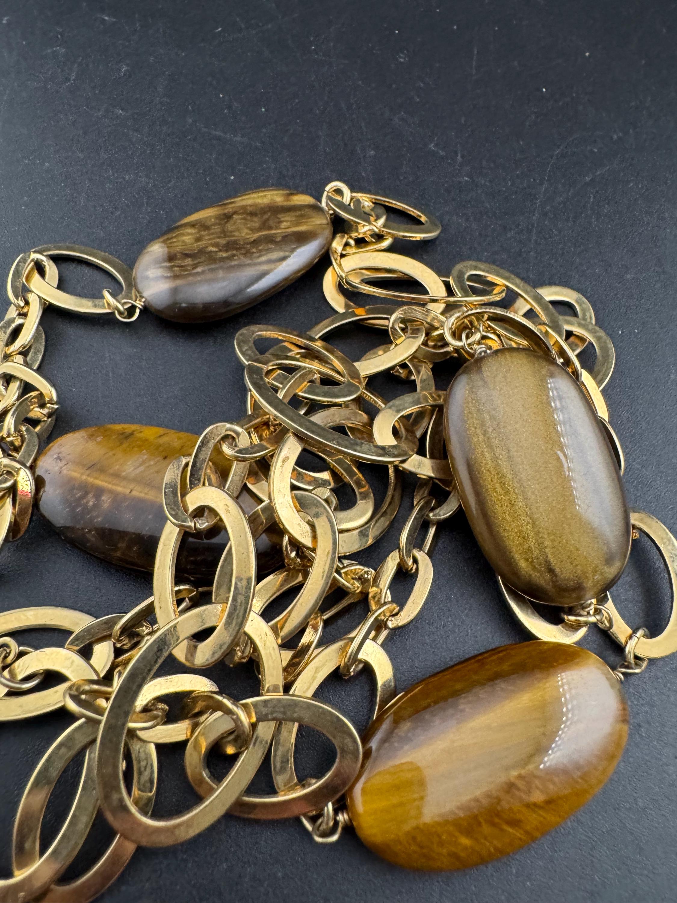 Signed MONET tigers eye gemstone  gold station link necklace