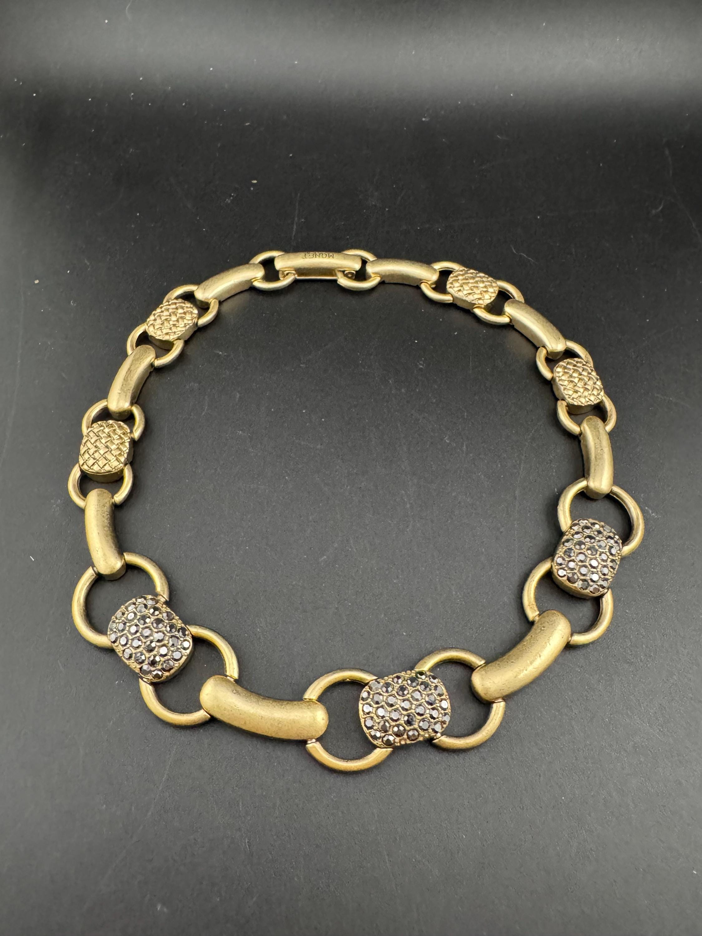 signed MONET chunky Matt gold tone choker, cushion panel necklace