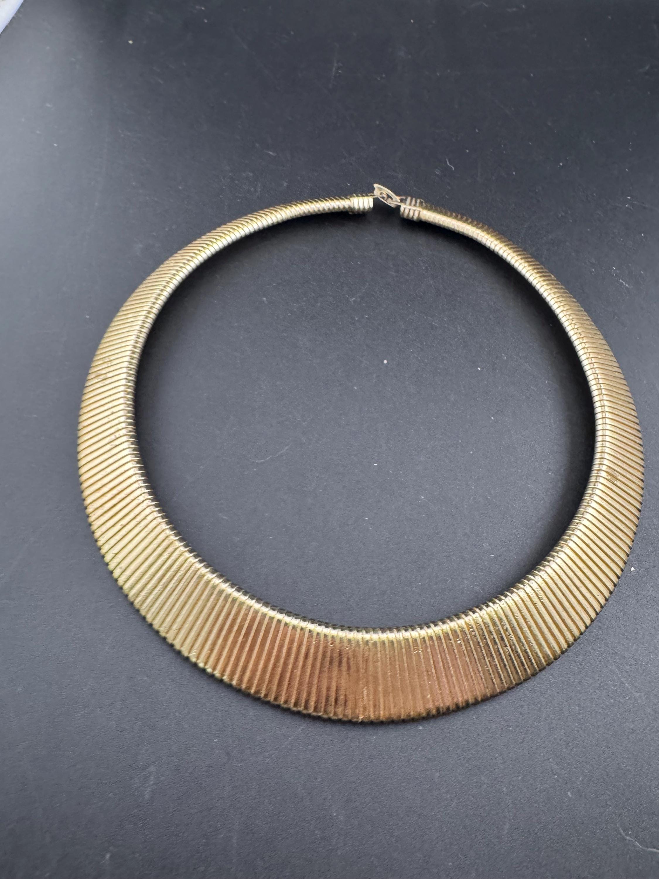 Vintage wide omega link choker necklace, gold tone with wear
