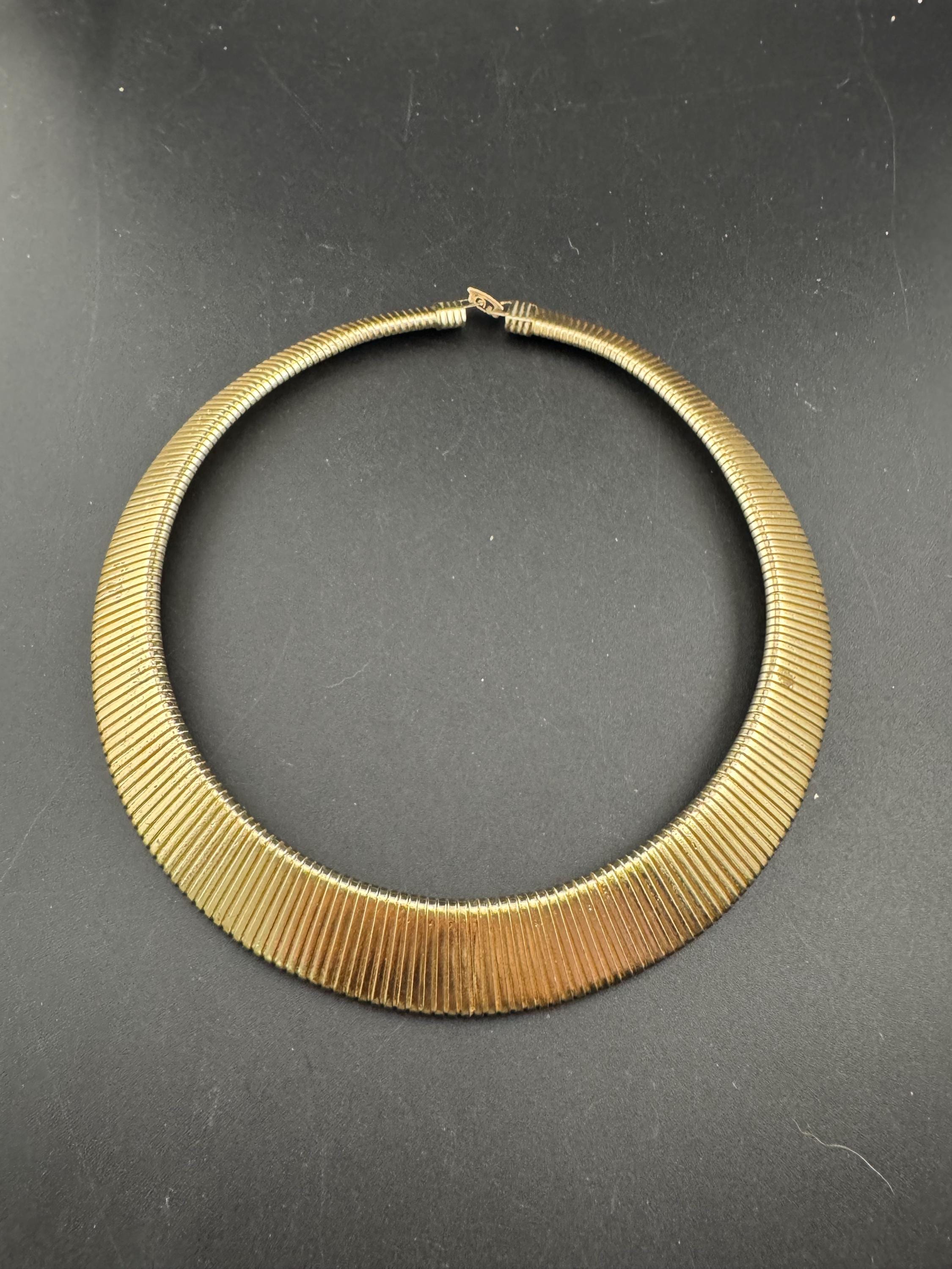 Vintage wide omega link choker necklace, gold tone with wear