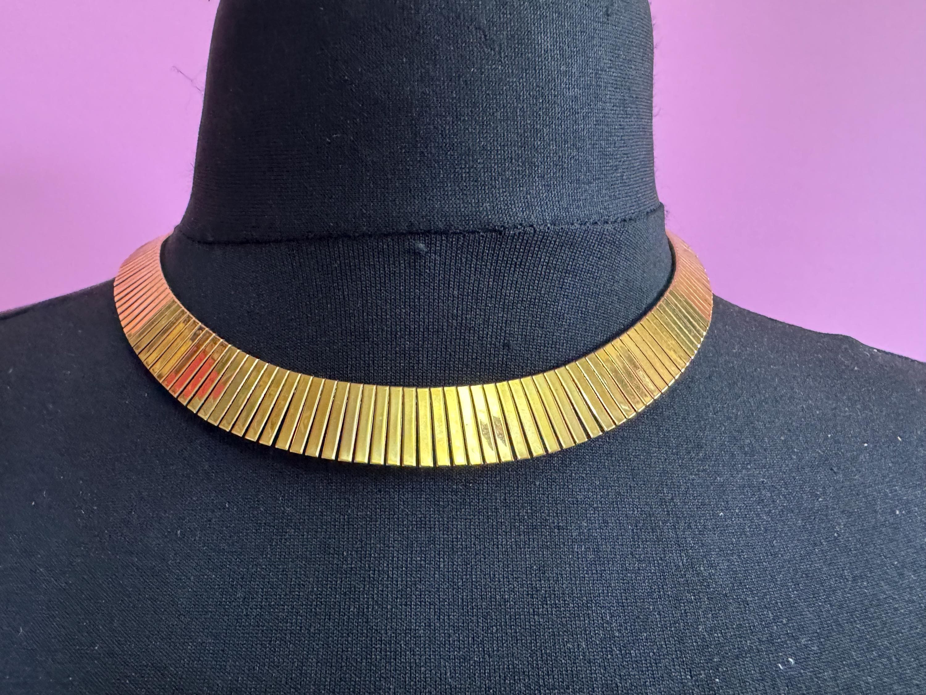 Vintage Egyptian revival gold tone wide choker necklace
