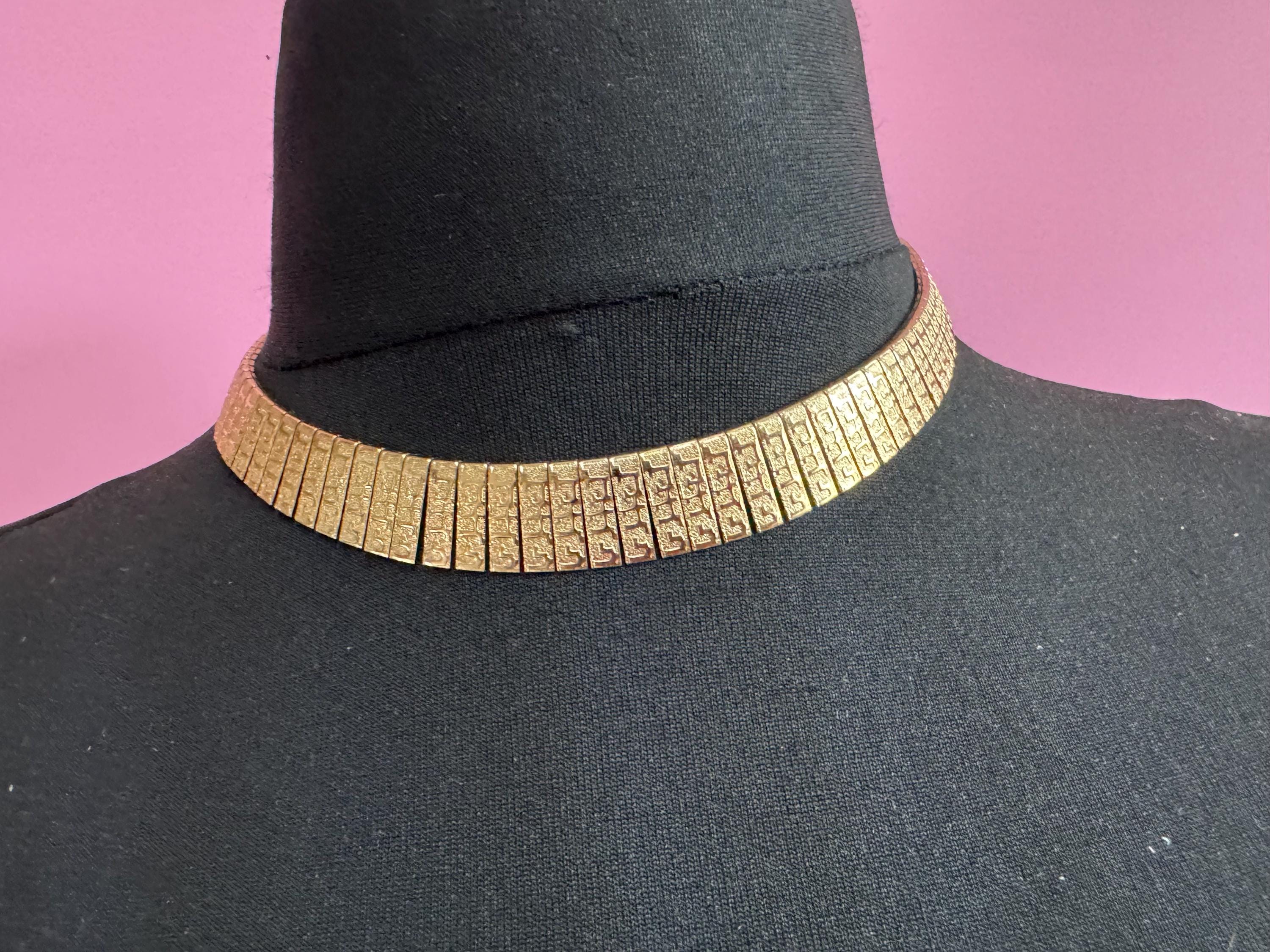 Vintage Egyptian revival gold wide choker necklace, brutalist textured design