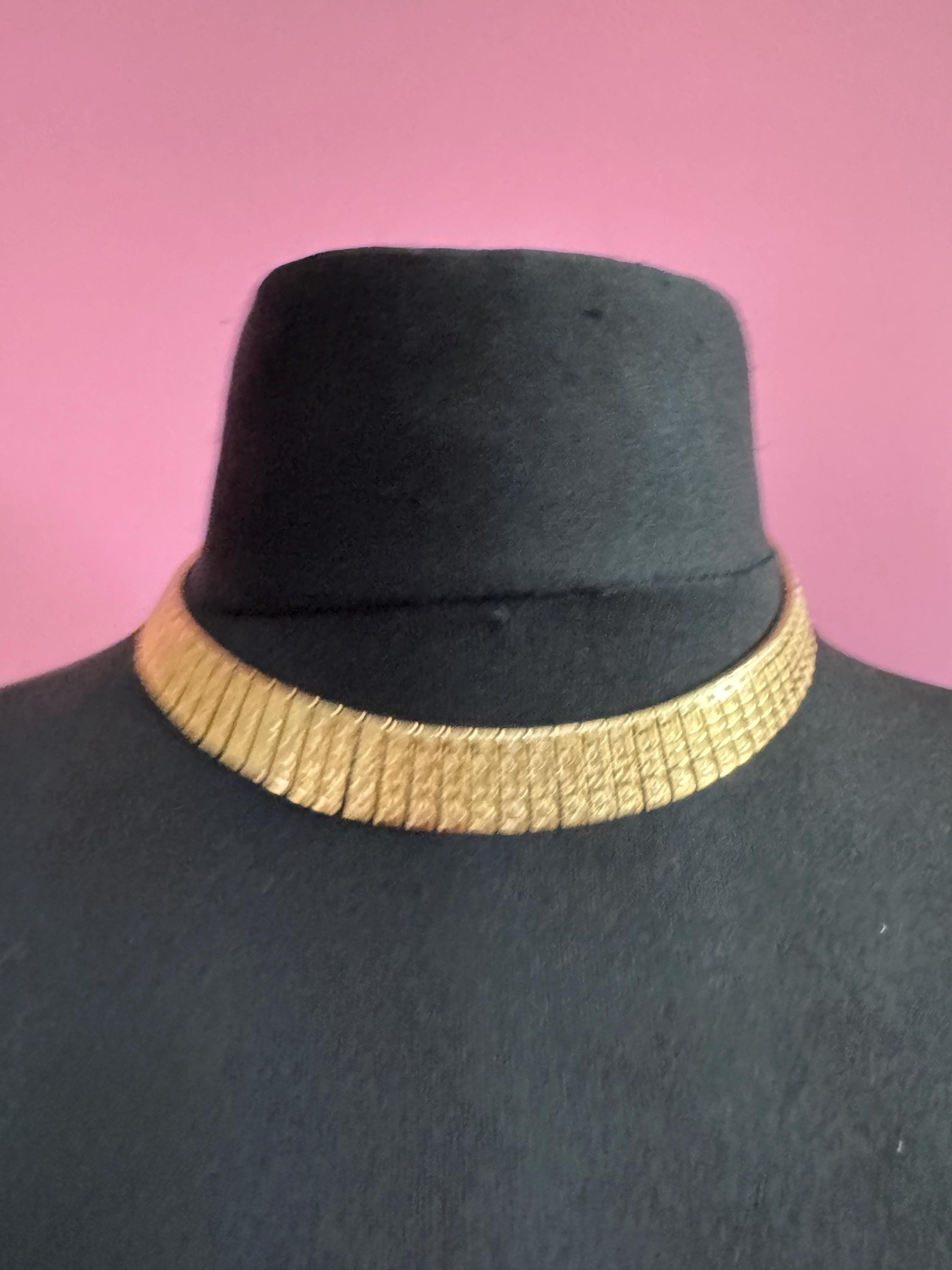 Vintage Egyptian revival gold wide choker necklace, brutalist textured design
