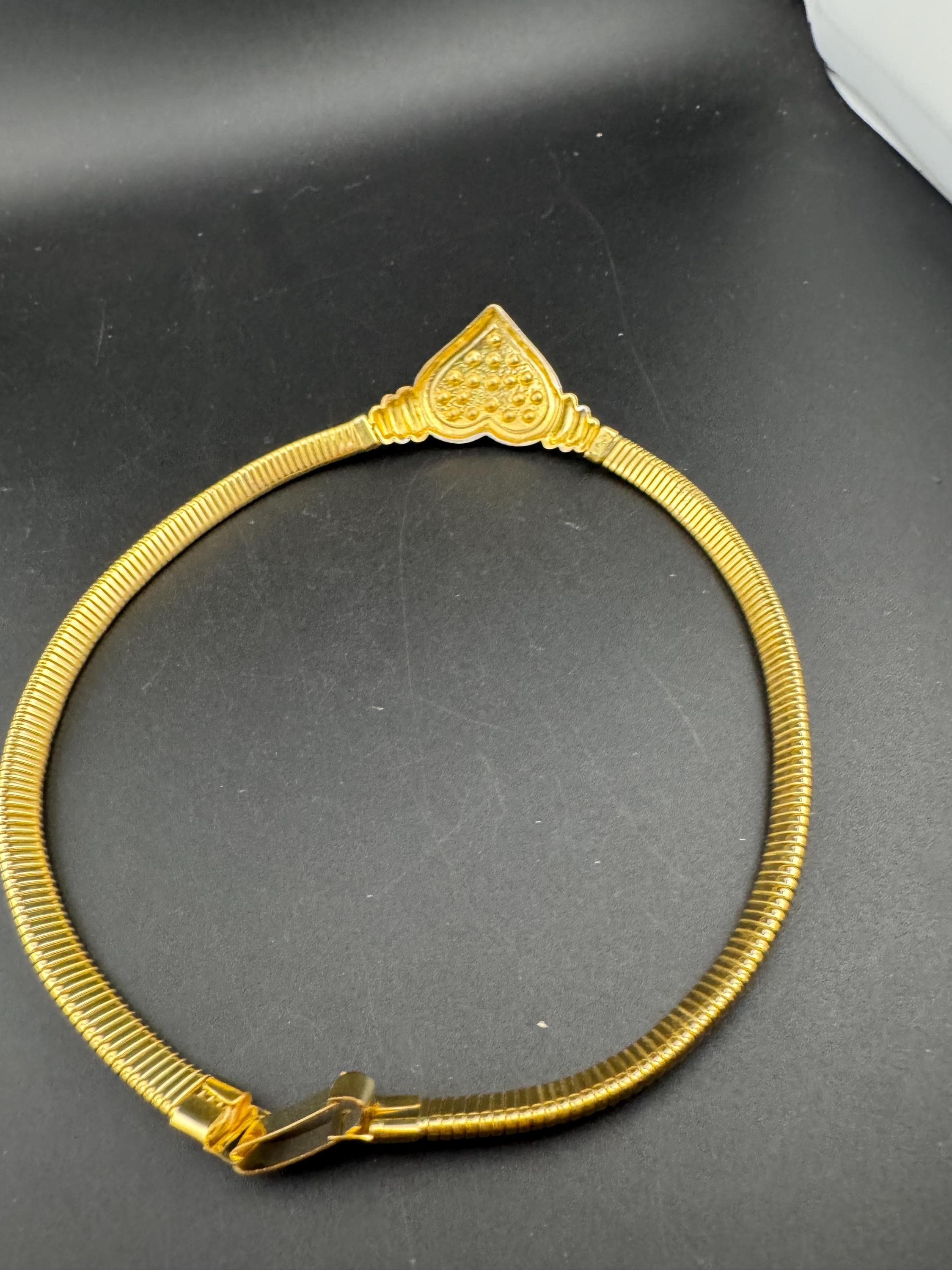 Vintage omega chain love heart diamanté choker necklace, gold tone