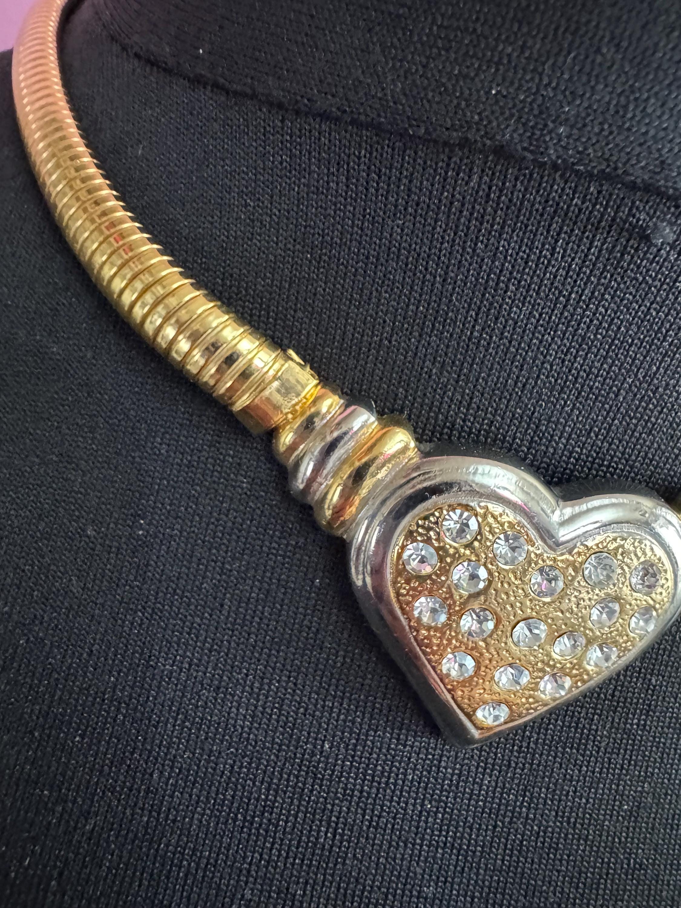 Vintage omega chain love heart diamanté choker necklace, gold tone