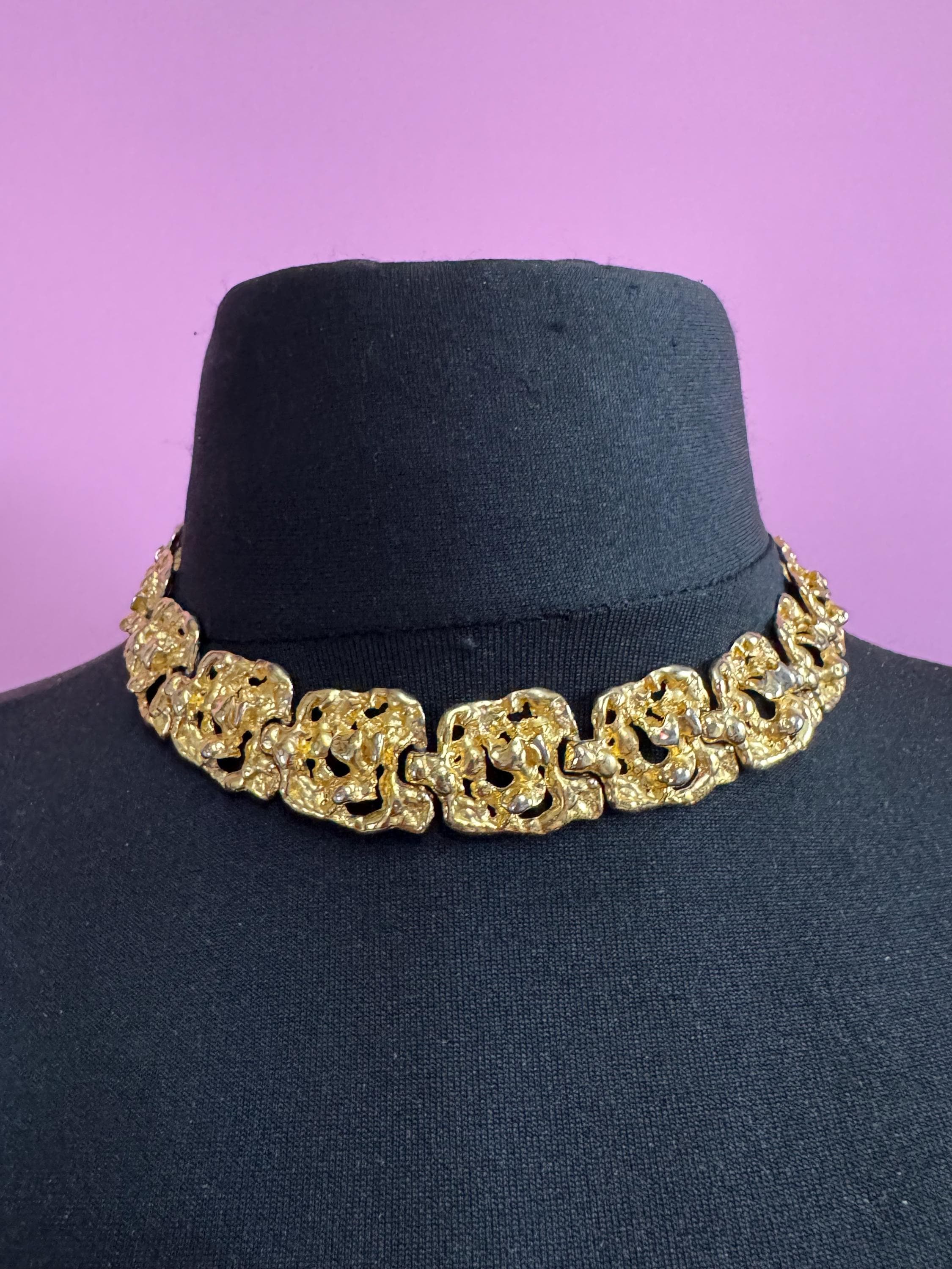Vintage wide brutalist textured choker necklace, gold tone