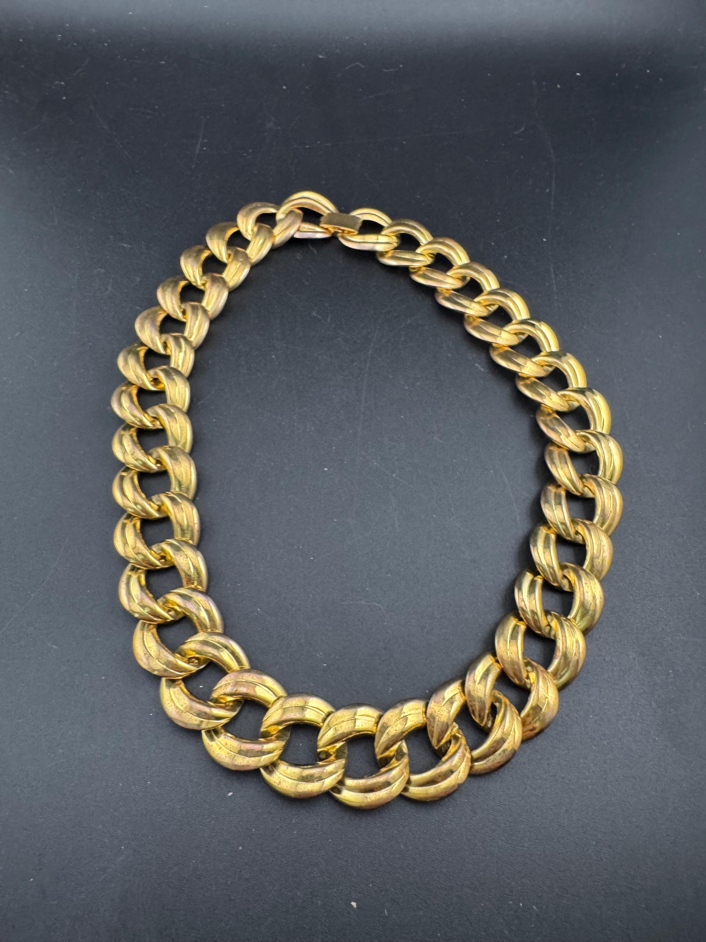 1980s wide link gold tone curb link choker necklace, vintage