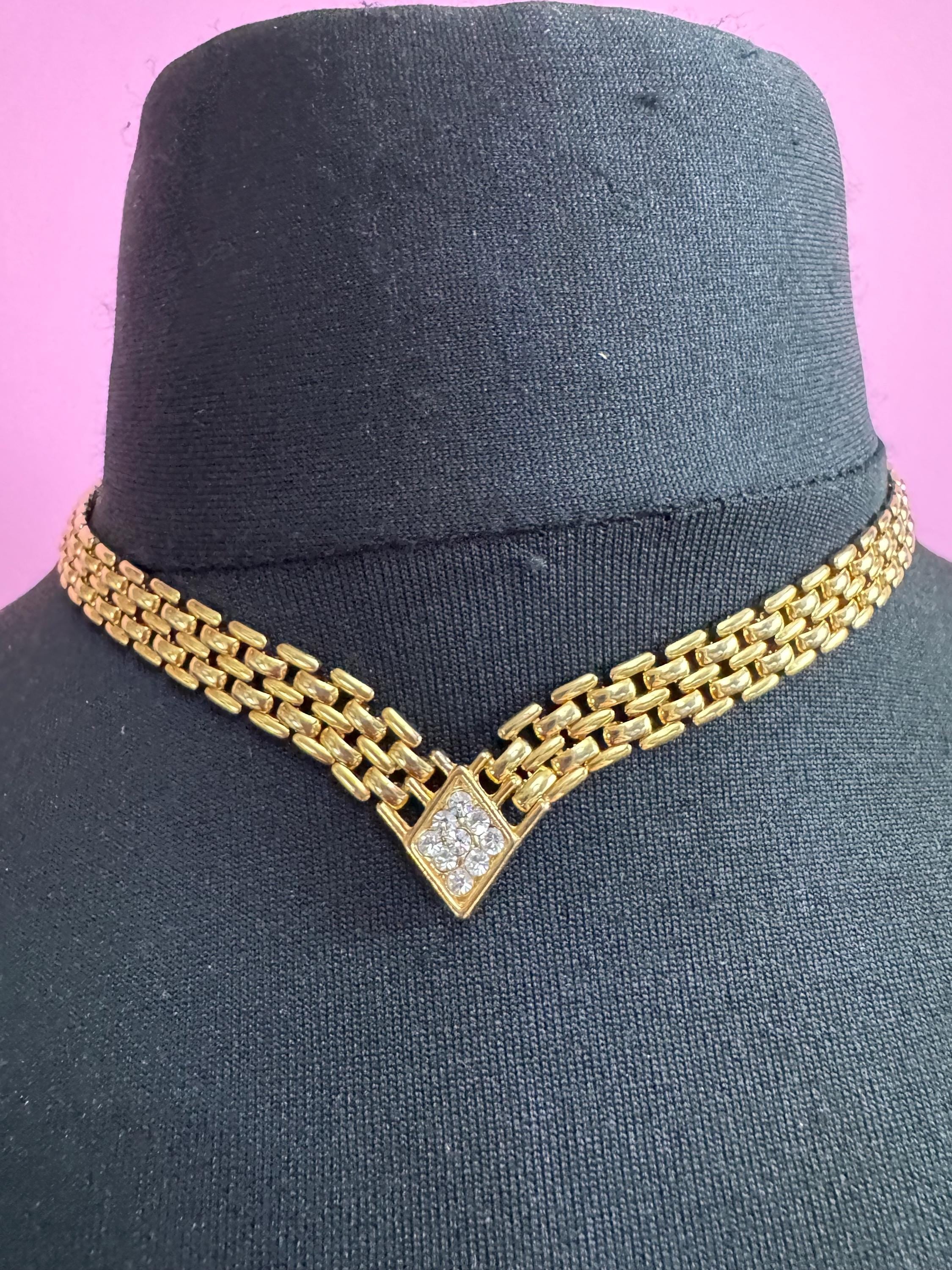 Retro 1980s panther link crystal diamanté gold tone V choker necklace, brick chain