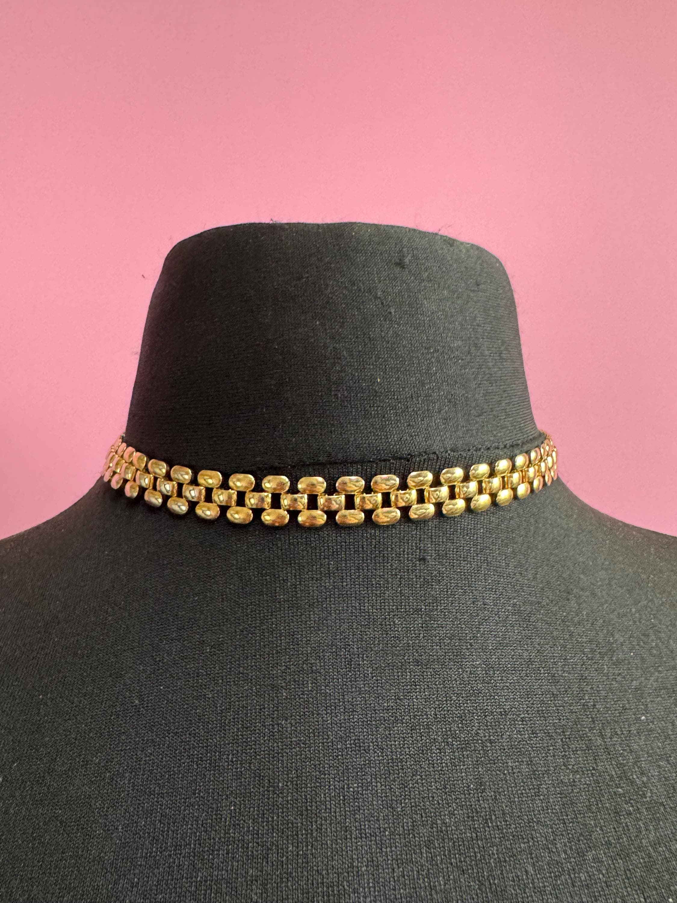 Retro 1980s slim panther link gold tone choker necklace