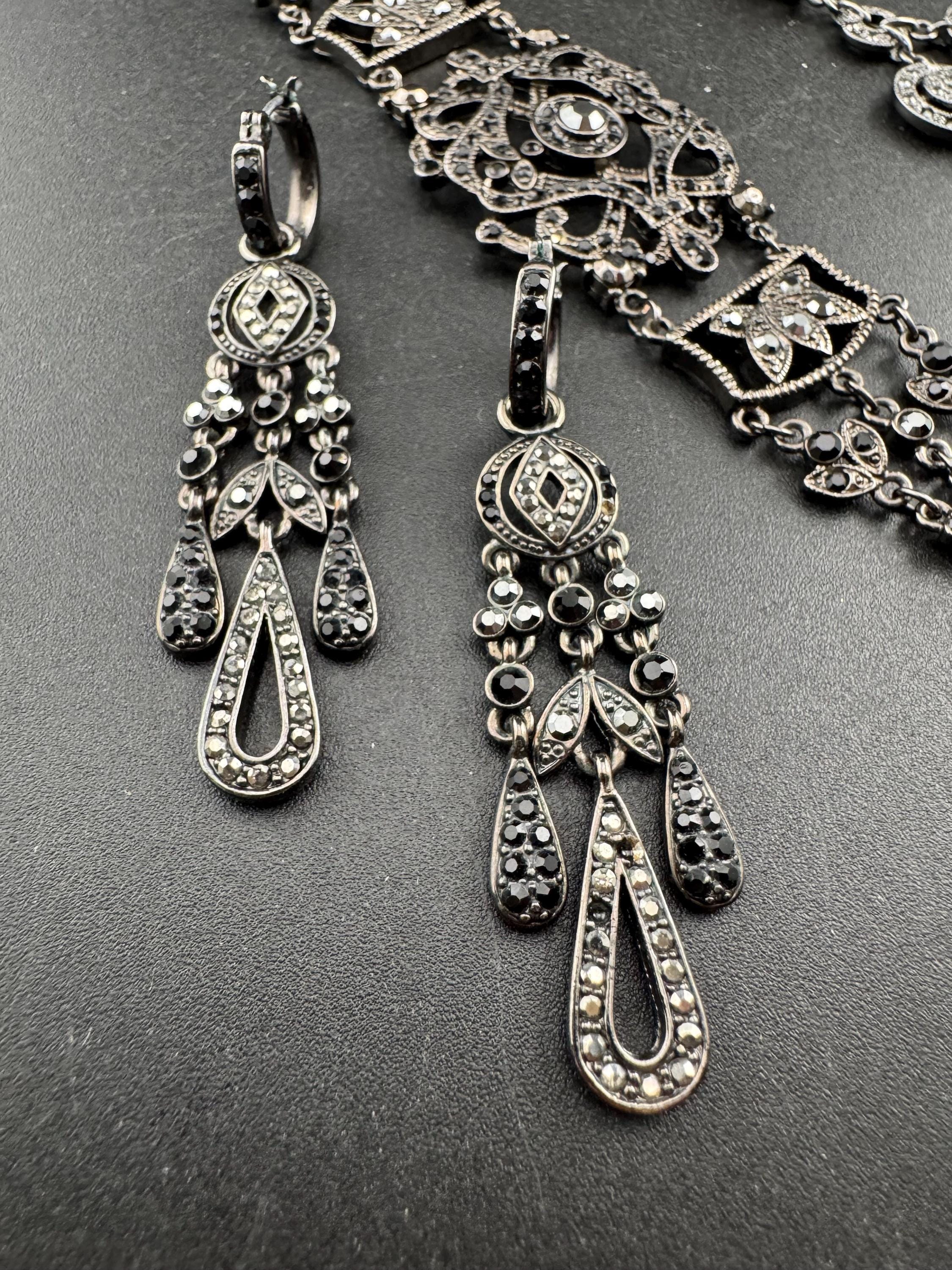 Signed MONET black diamante rhinestone drop necklace, earrings and bracelet: gothic jewellery set