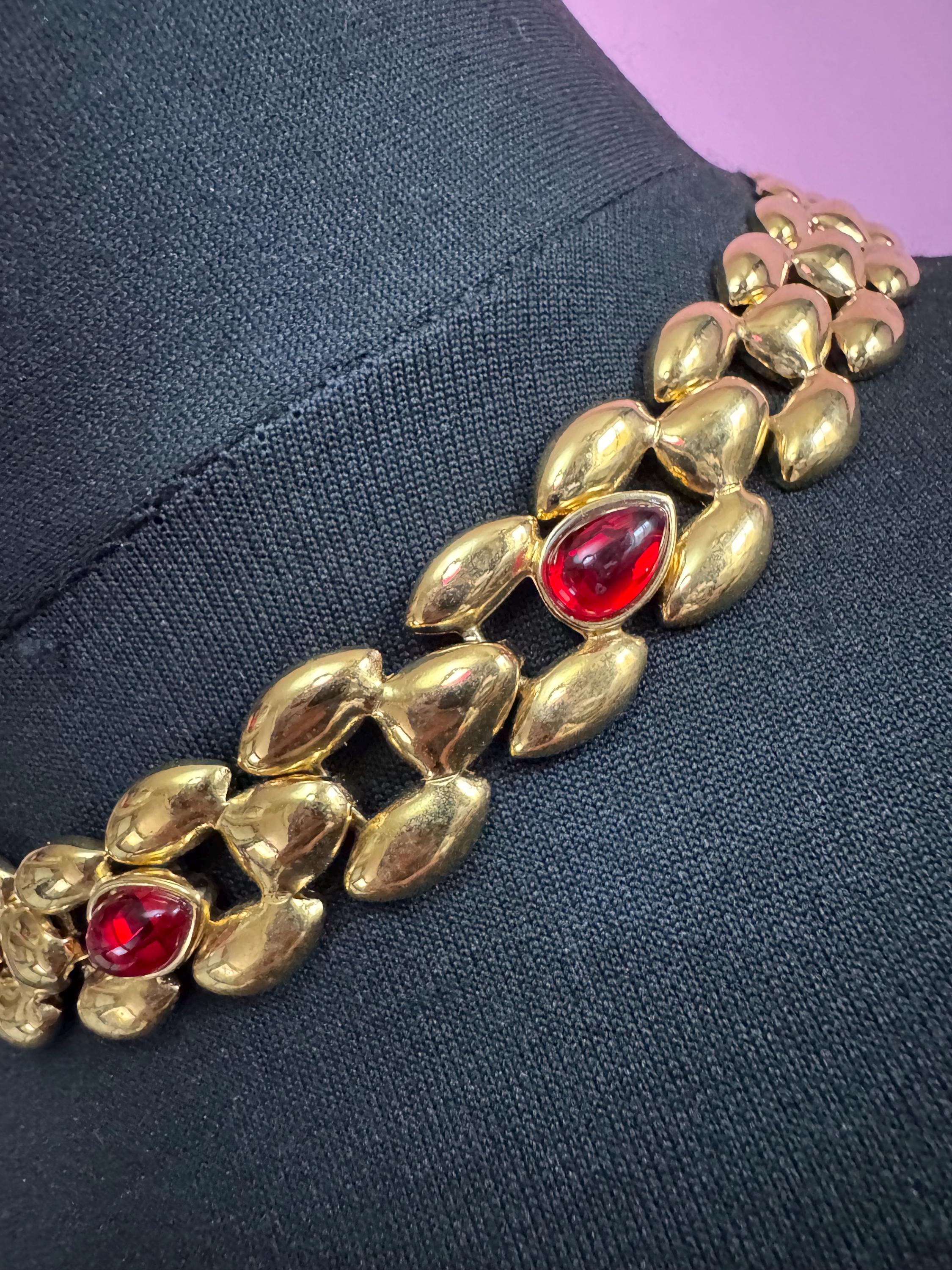 Retro 1980s Ruby red cabochon panther link necklace and clip on earrings, jewellery set