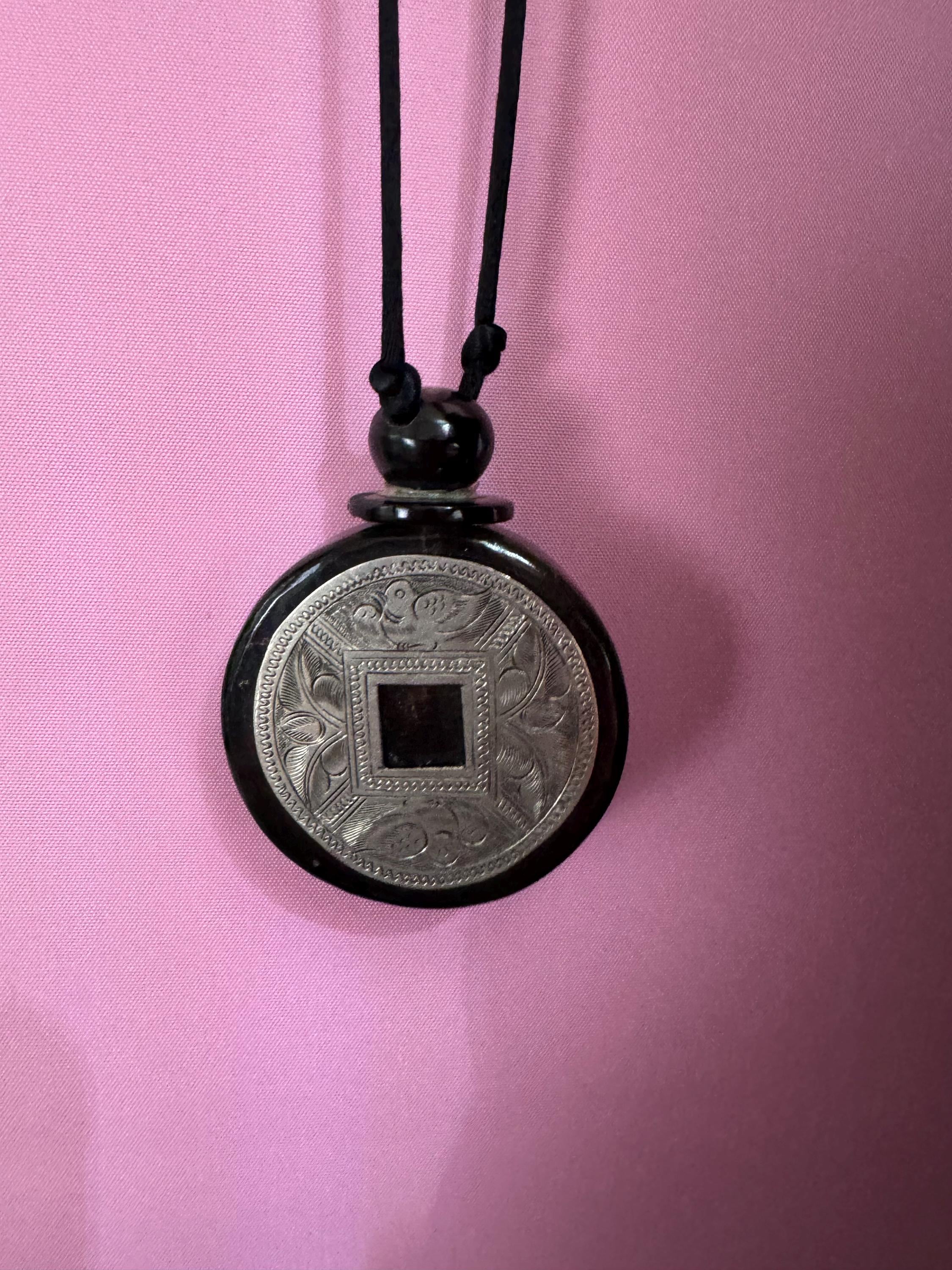 John Michelle Richardson Chinese oversized coin pendant necklace , etched silver vintage