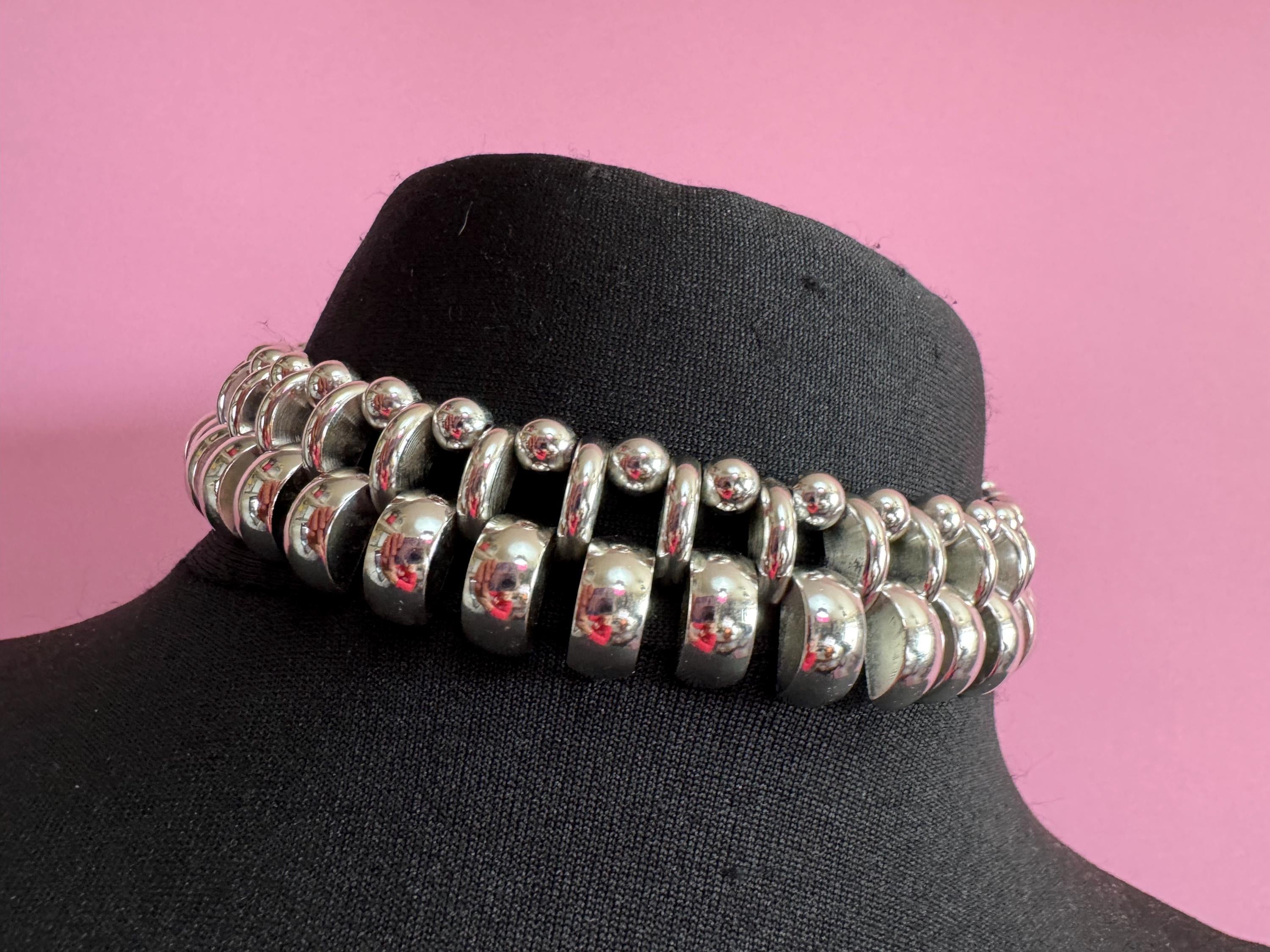 Vintage de Farre machine age silver tone collar necklace, Art Deco architectural style