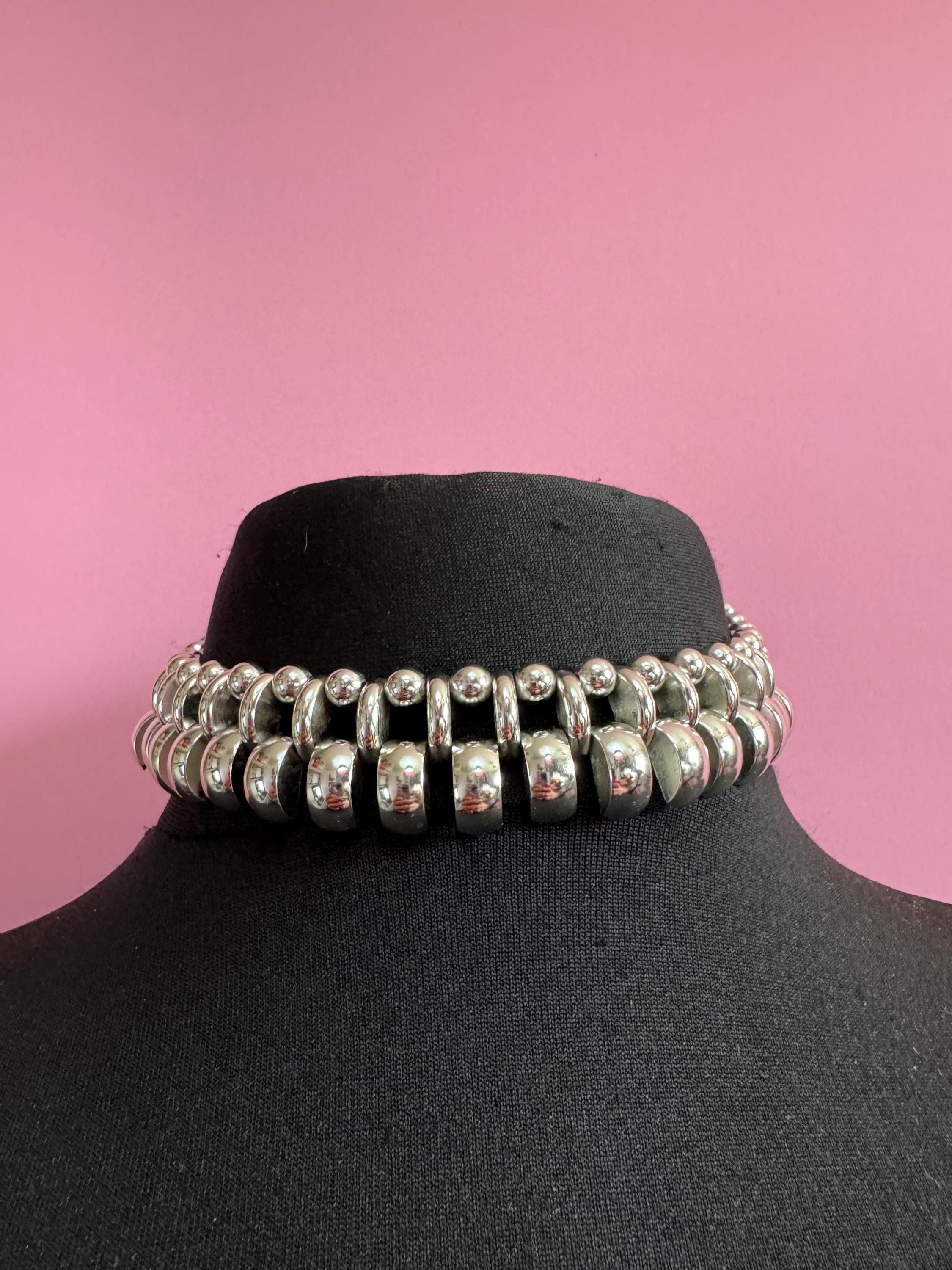 Vintage de Farre machine age silver tone collar necklace, Art Deco architectural style
