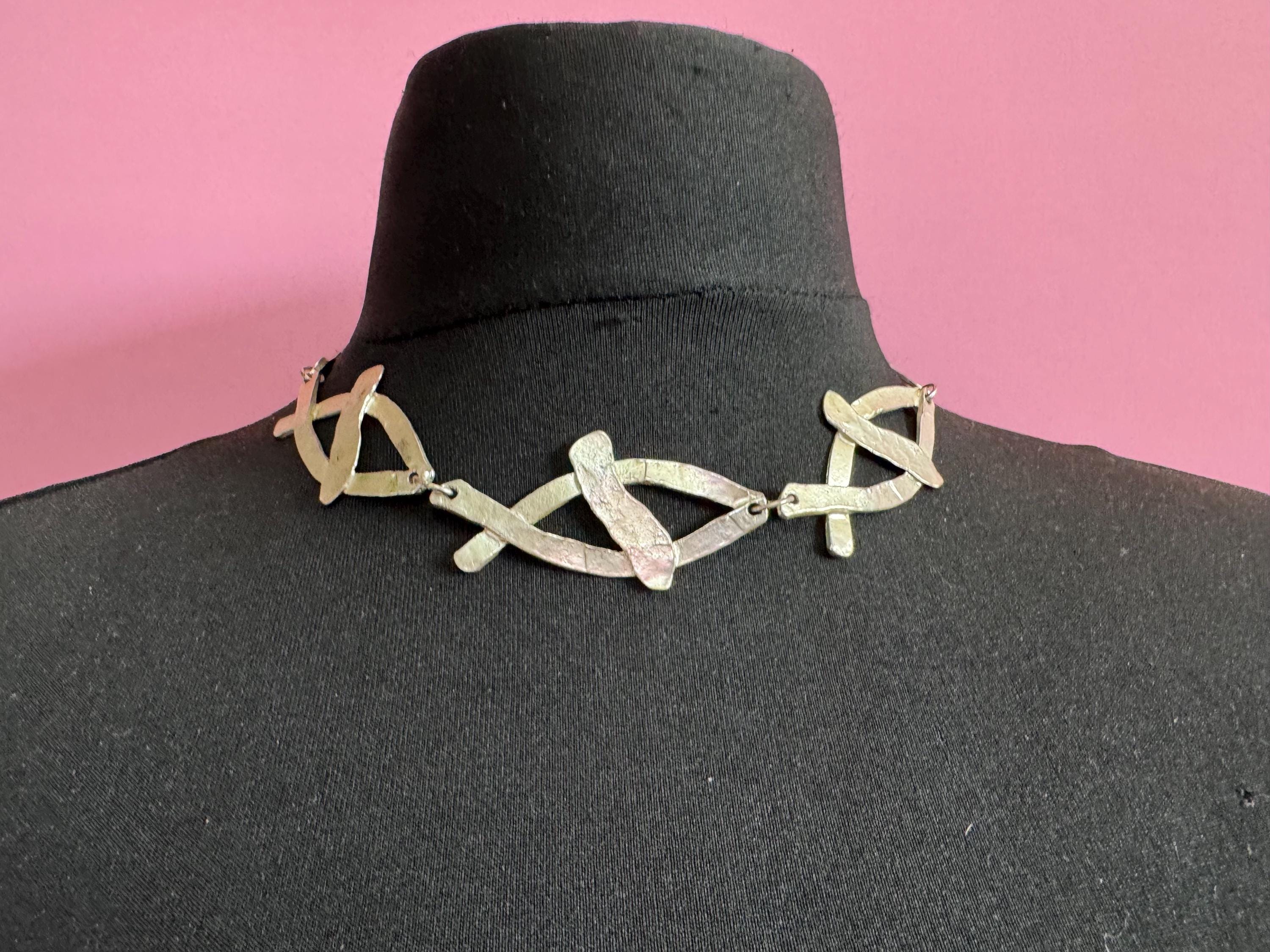 Signed Dolce Vita silver tone panel link choker necklace, Paris France Designer