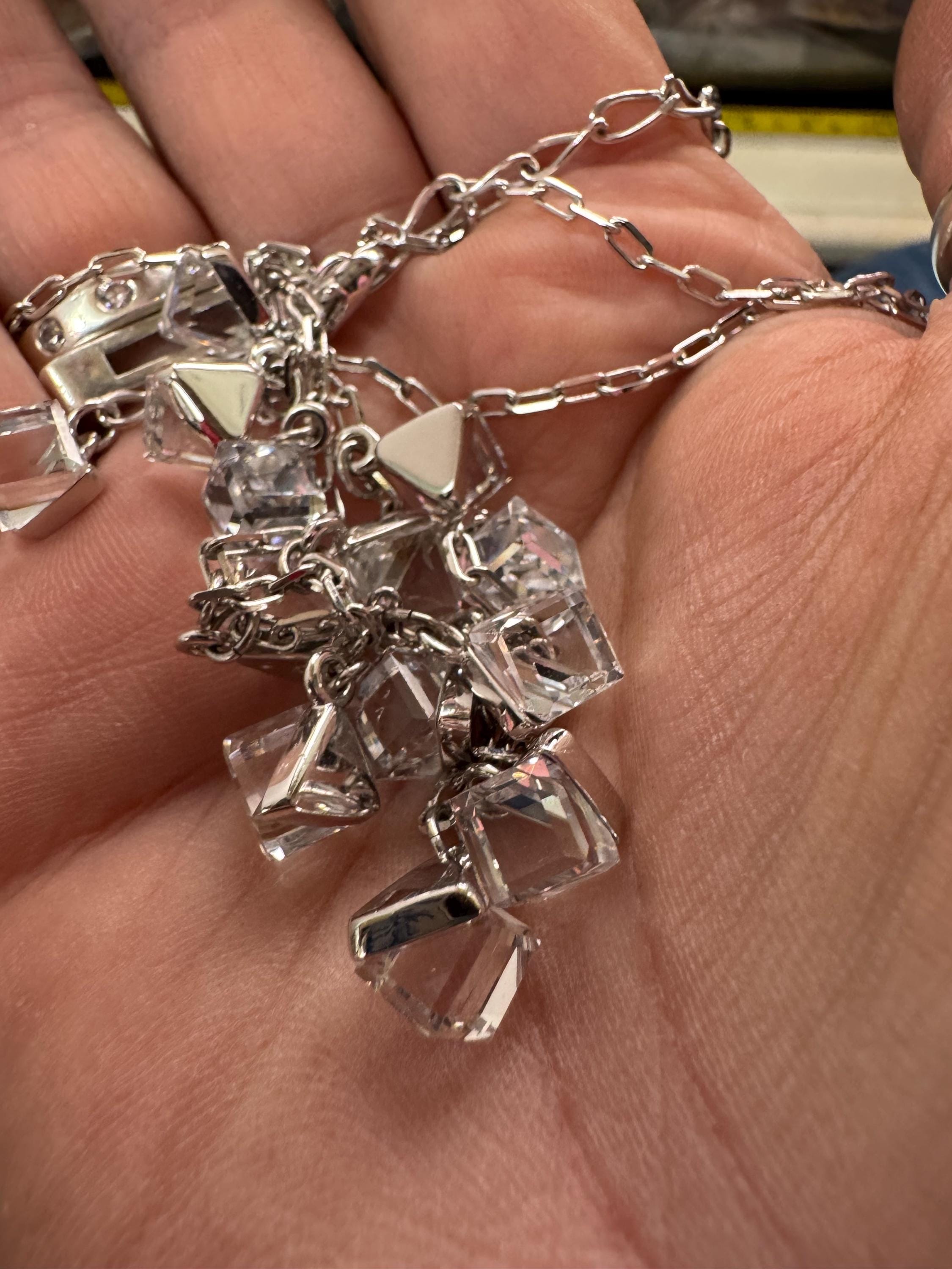 Signed swan Swarovski long rhodium plated crystal cube lariat drop necklace